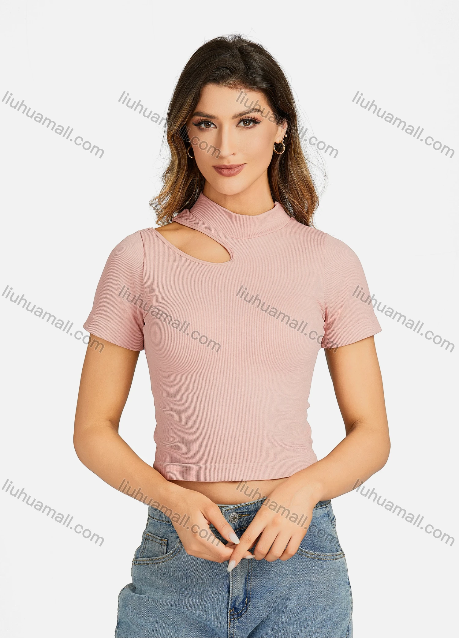 Wholesale Women's Casual Mock Neck Plain Cutout One Shoulder Top 7172# - Liuhuamall