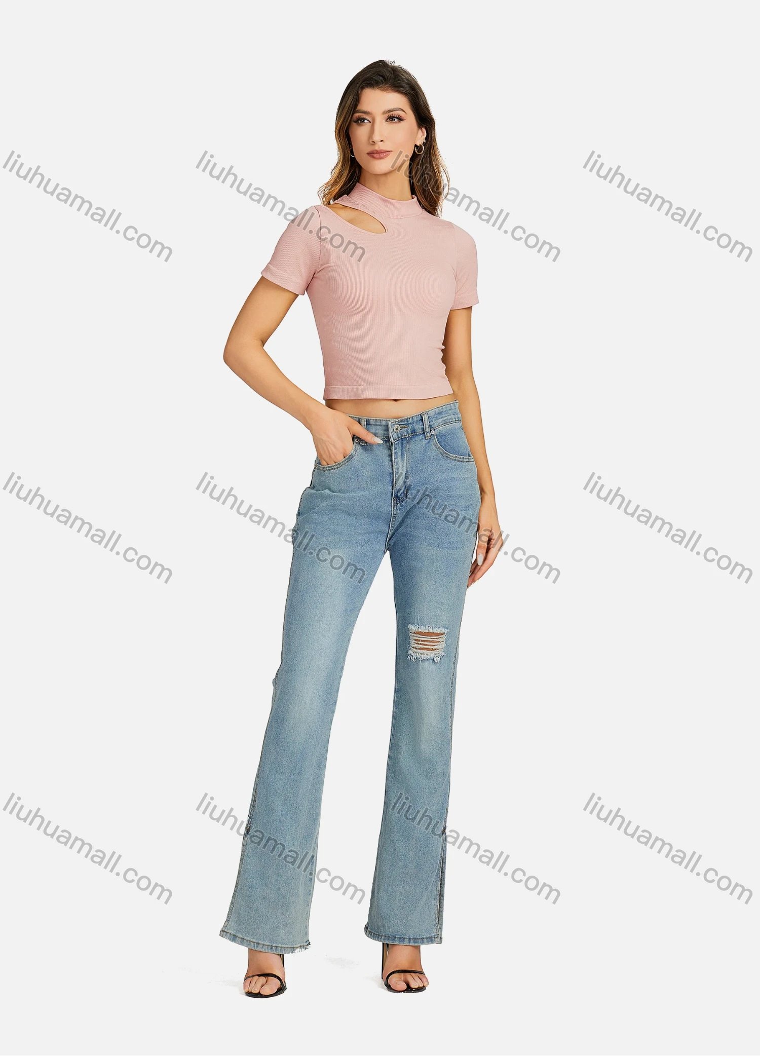 Wholesale Women's Casual Mock Neck Plain Cutout One Shoulder Top 7172# - Liuhuamall