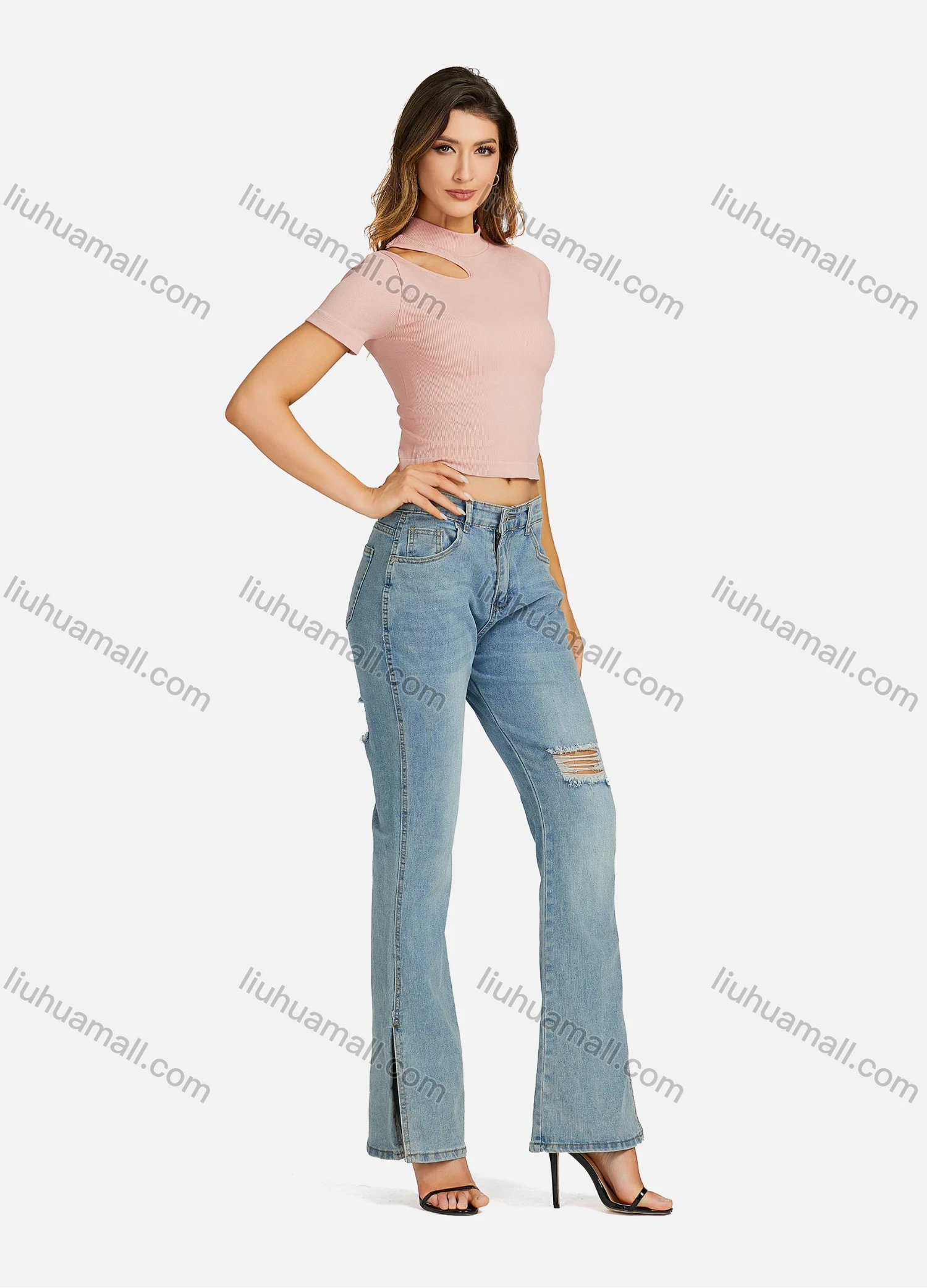 Wholesale Women's Casual Mock Neck Plain Cutout One Shoulder Top 7172# - Liuhuamall