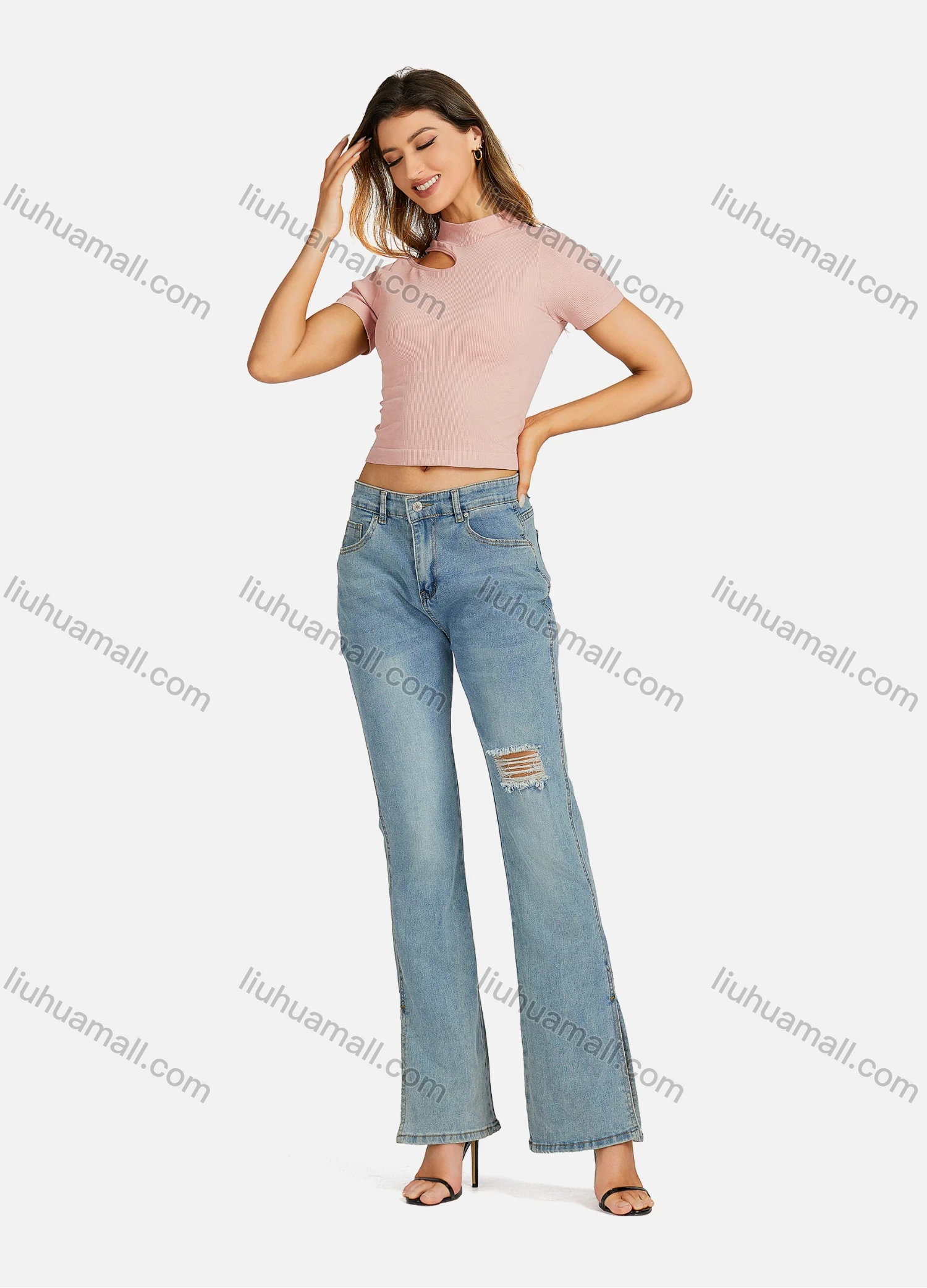 Wholesale Women's Casual Mock Neck Plain Cutout One Shoulder Top 7172# - Liuhuamall