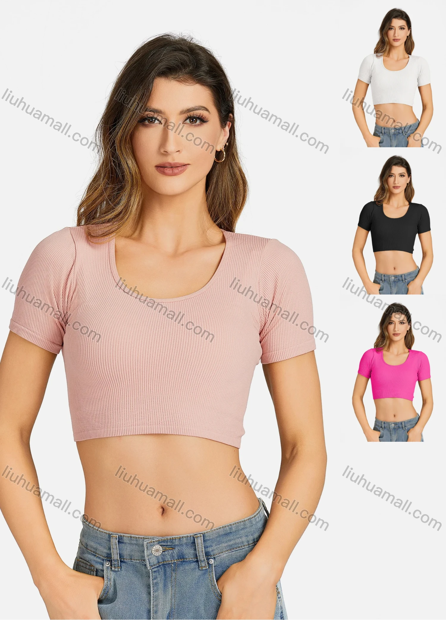 Wholesale Women's Casual Scoop Neck Plain Strapless Sleeveless Crop Top 7170# - Liuhuamall