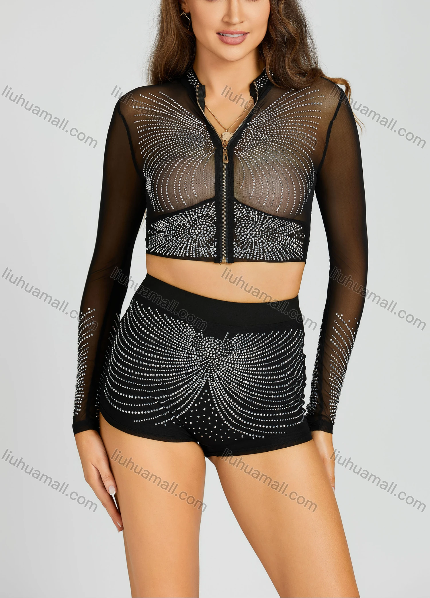 Wholesale Women's Glamorous Plain Rhinestone Sheer Mesh Long Sleeve Zipper Crop Top & Hot Shorts Set xm-170# - Liuhuamall