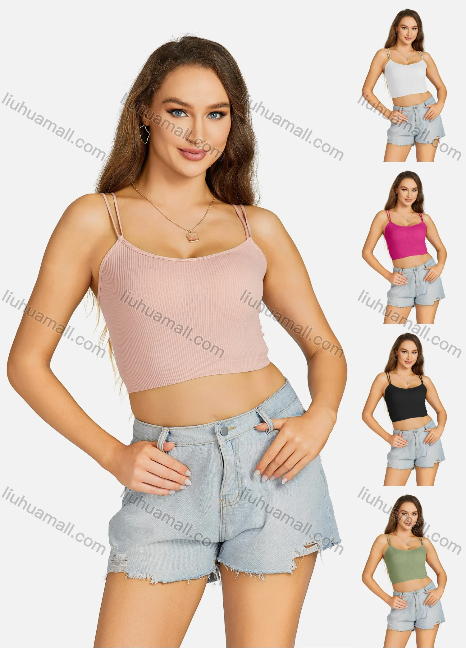 Wholesale Women's Casual Spaghetti Strap Plain Slim Fit Crop Tank Top 7175# - Liuhuamall