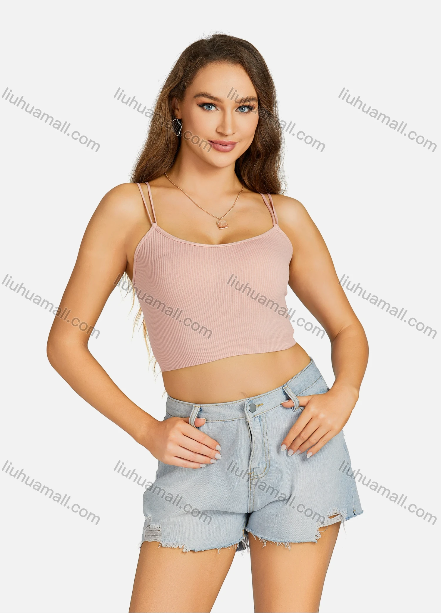 Wholesale Women's Casual Spaghetti Strap Plain Slim Fit Crop Tank Top 7175# - Liuhuamall
