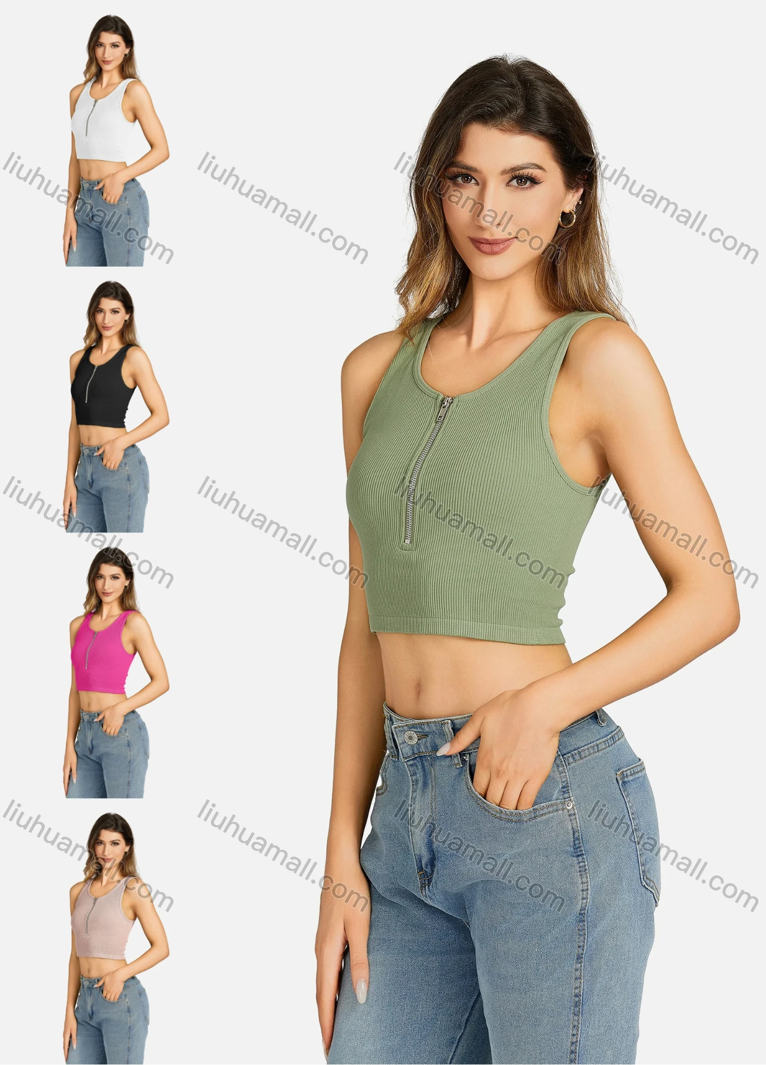 Wholesale Women's Casual Crew Neck Plain Quarter Zip Sleeveless Crop Top 7171# - Liuhuamall