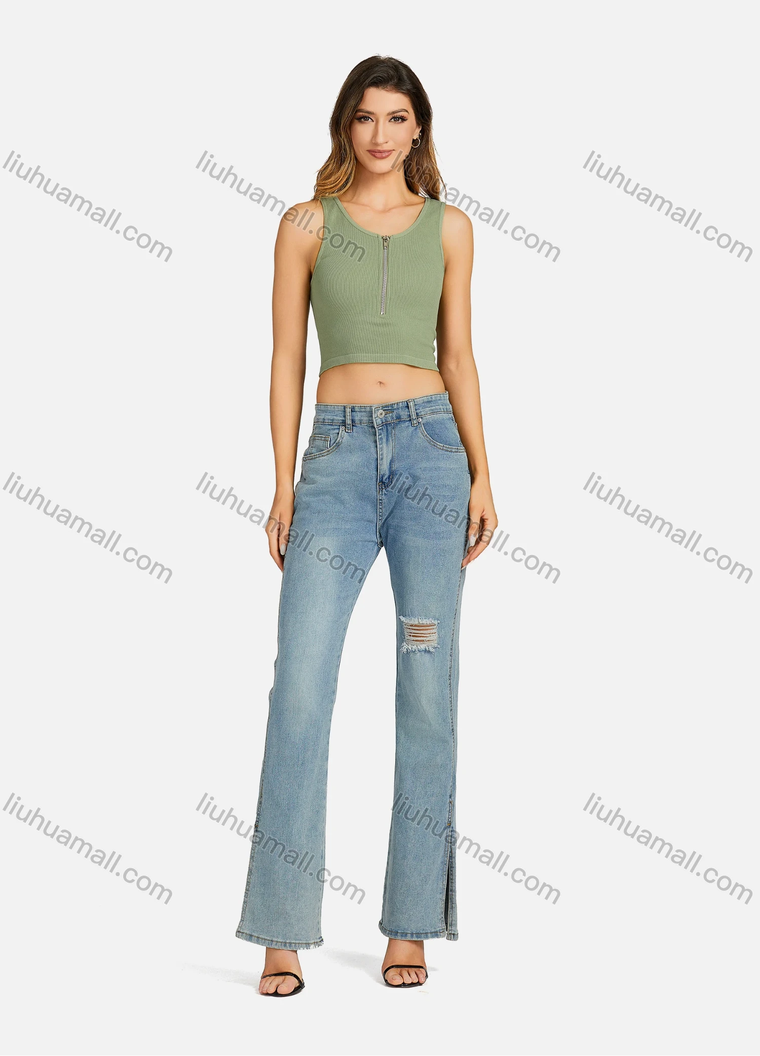 Wholesale Women's Casual Crew Neck Plain Quarter Zip Sleeveless Crop Top 7171# - Liuhuamall