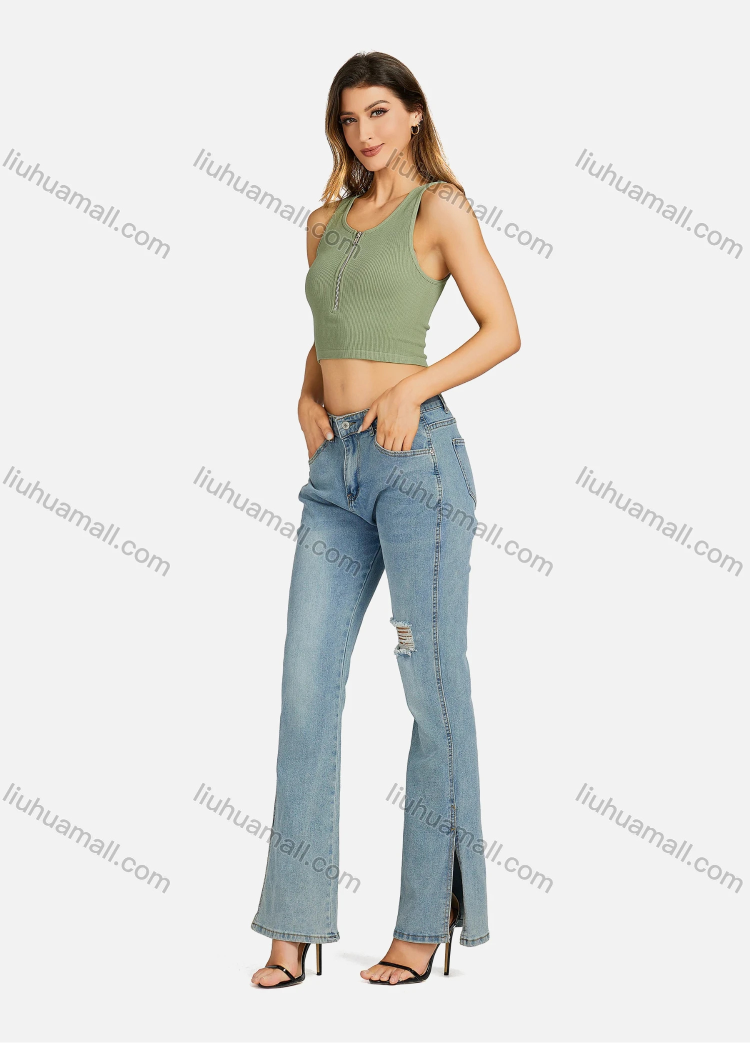 Wholesale Women's Casual Crew Neck Plain Quarter Zip Sleeveless Crop Top 7171# - Liuhuamall