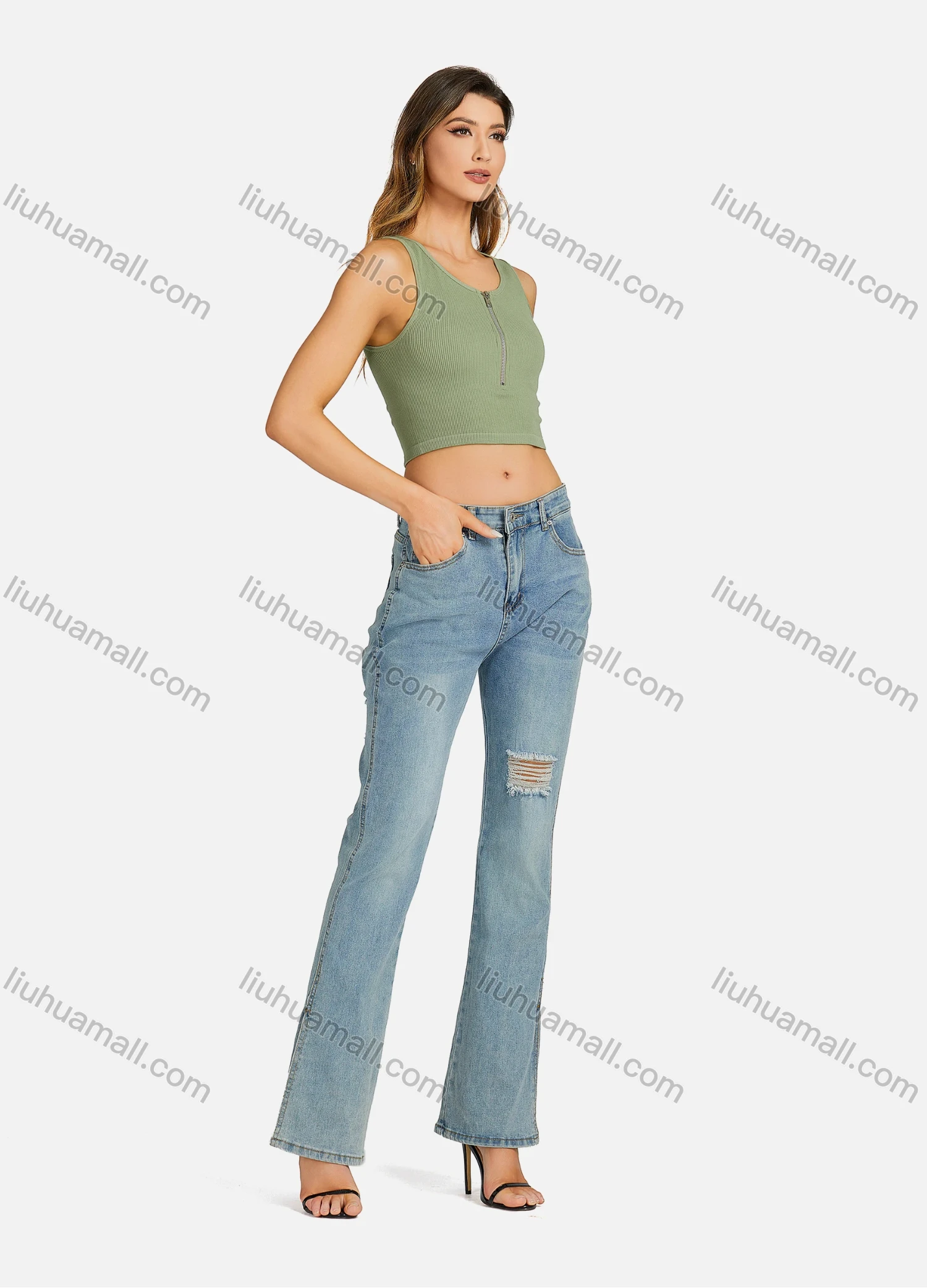 Wholesale Women's Casual Crew Neck Plain Quarter Zip Sleeveless Crop Top 7171# - Liuhuamall