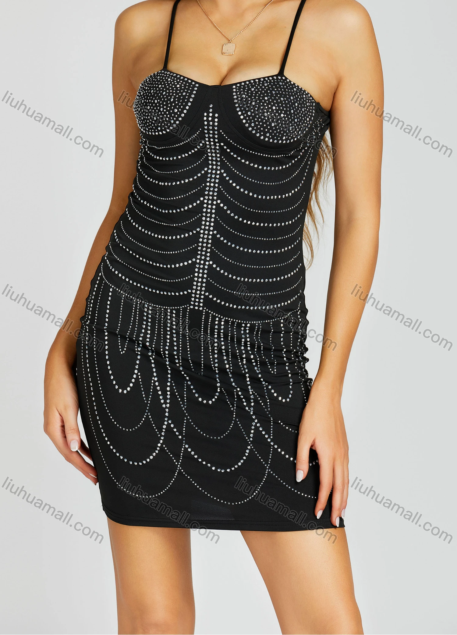 Wholesale Women's Glamorous Plain Rhinestone Spaghetti Strap Bodycon Cami Short Dress FD3098# - Liuhuamall