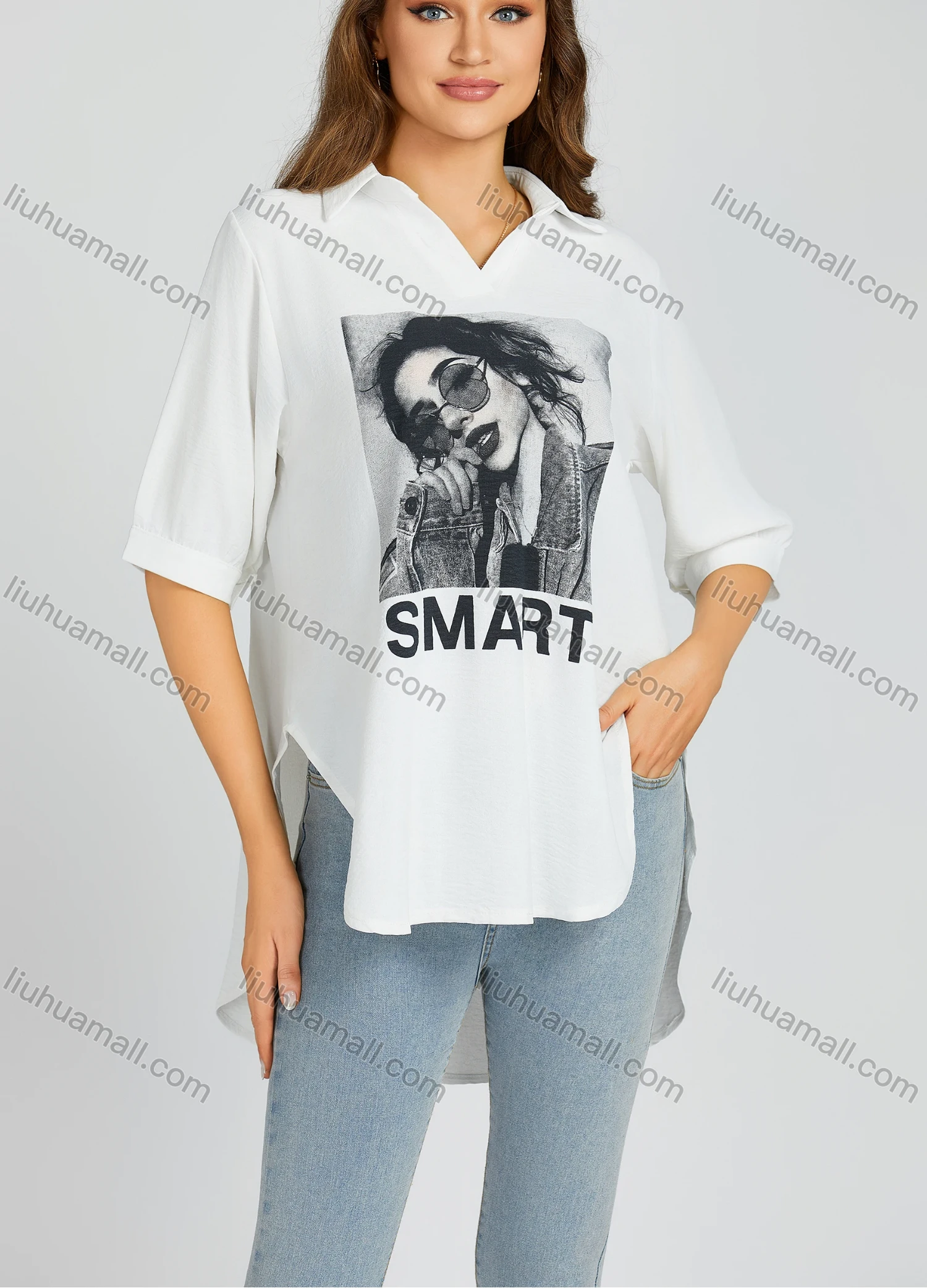 Wholesale Women's Casual Collared High-low Hem Figure And Leaf Print Loose Fit Half Sleeve Blouse 600# - Liuhuamall