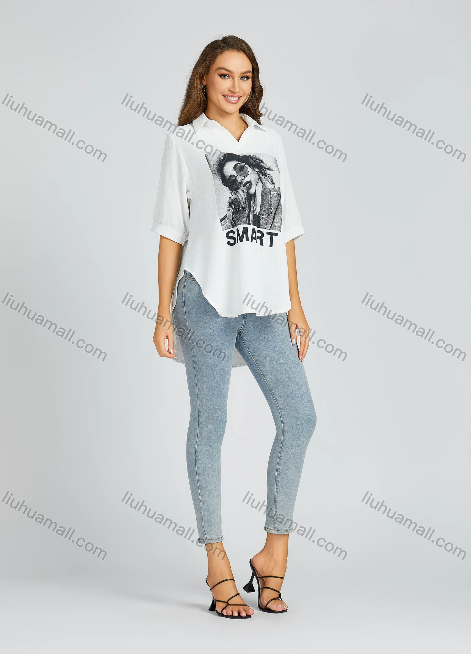 Wholesale Women's Casual Collared High-low Hem Figure And Leaf Print Loose Fit Half Sleeve Blouse 600# - Liuhuamall