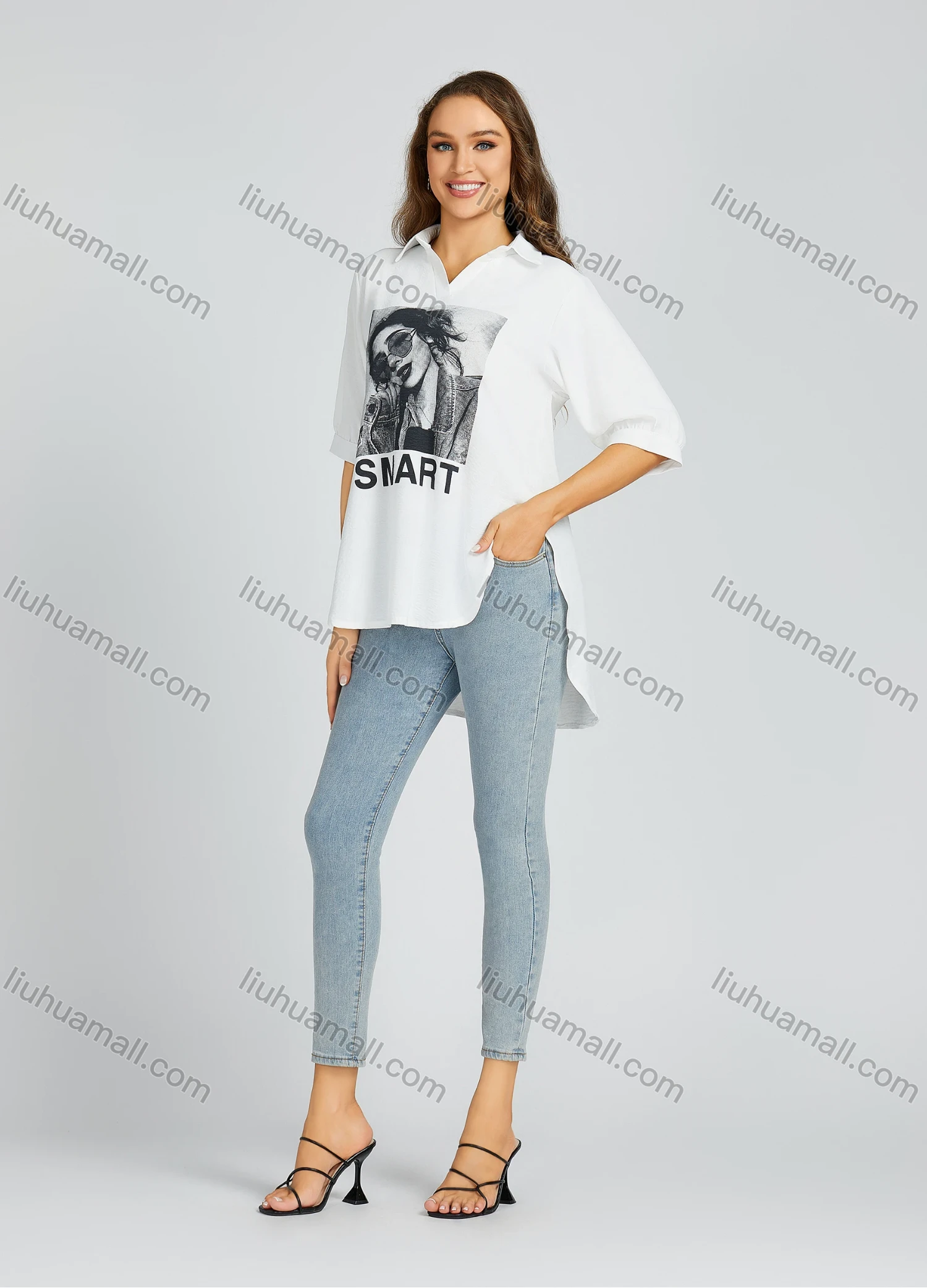 Wholesale Women's Casual Collared High-low Hem Figure And Leaf Print Loose Fit Half Sleeve Blouse 600# - Liuhuamall