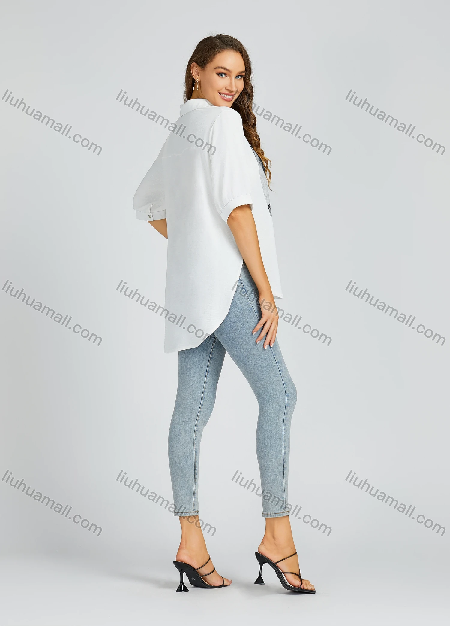 Wholesale Women's Casual Collared High-low Hem Figure And Leaf Print Loose Fit Half Sleeve Blouse 600# - Liuhuamall