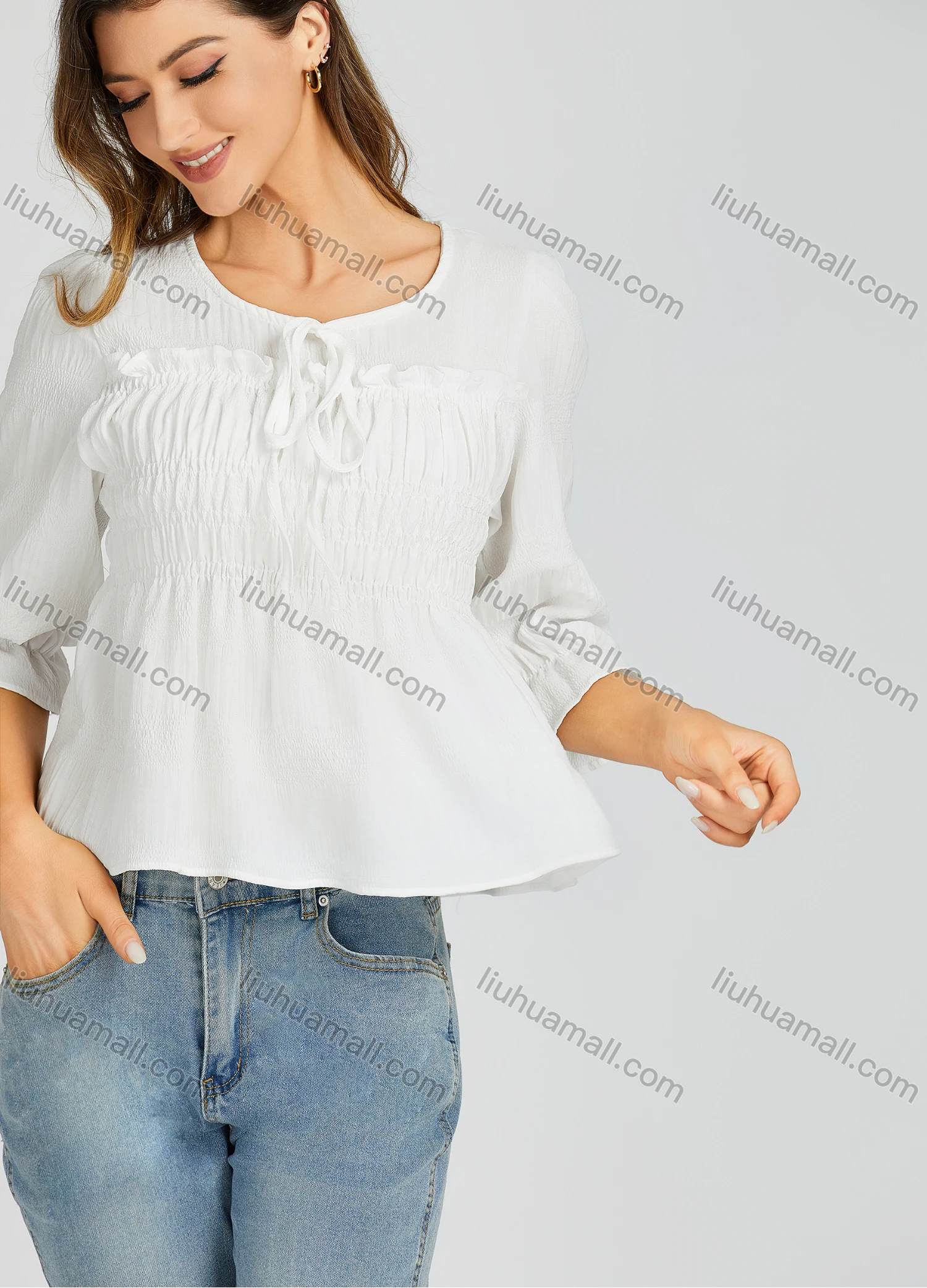 Wholesale Women's Casual Crew Neck Shirred Plain Print Bow Knot Flared Sleeve Blouse 205# - Liuhuamall