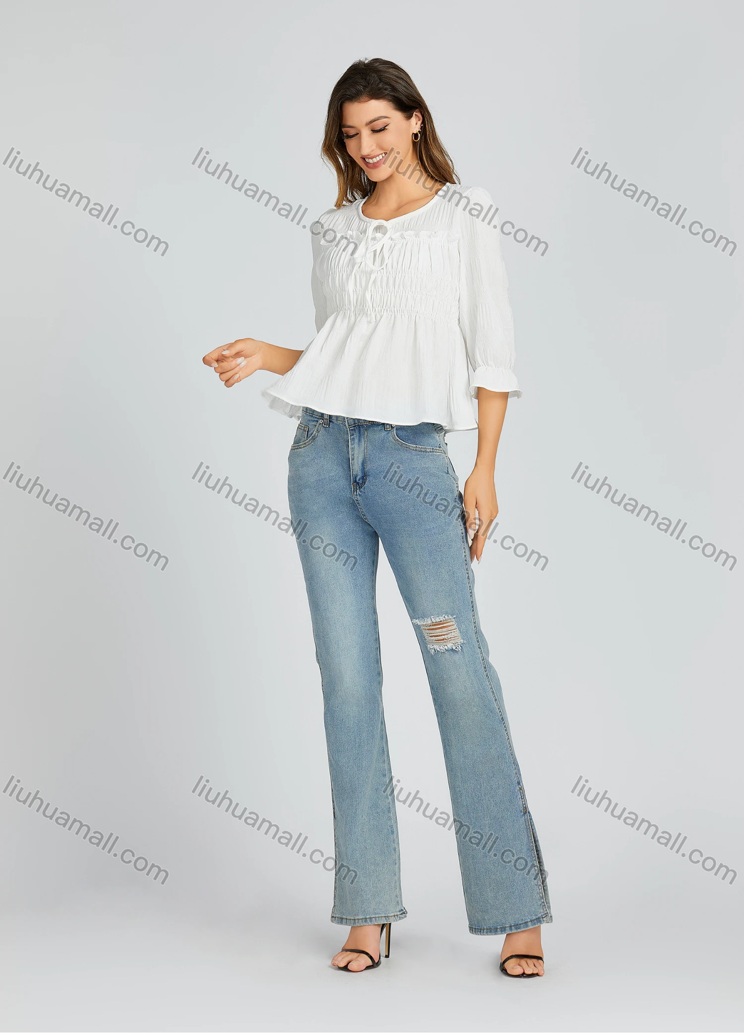 Wholesale Women's Casual Crew Neck Shirred Plain Print Bow Knot Flared Sleeve Blouse 205# - Liuhuamall