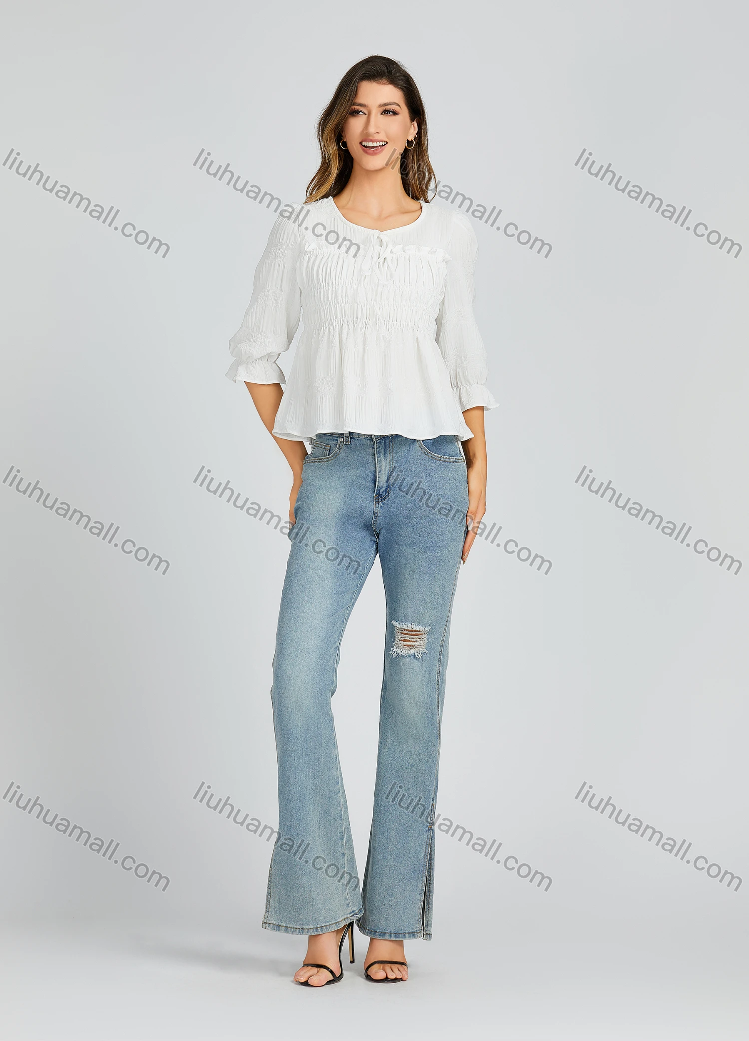 Wholesale Women's Casual Crew Neck Shirred Plain Print Bow Knot Flared Sleeve Blouse 205# - Liuhuamall