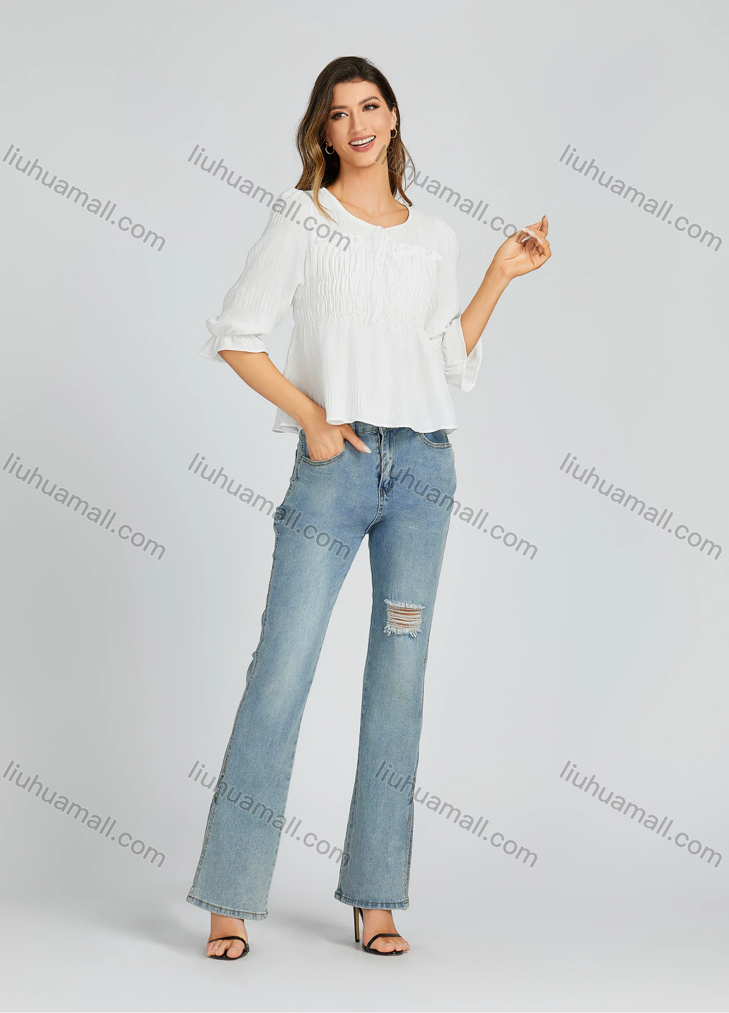 Wholesale Women's Casual Crew Neck Shirred Plain Print Bow Knot Flared Sleeve Blouse 205# - Liuhuamall