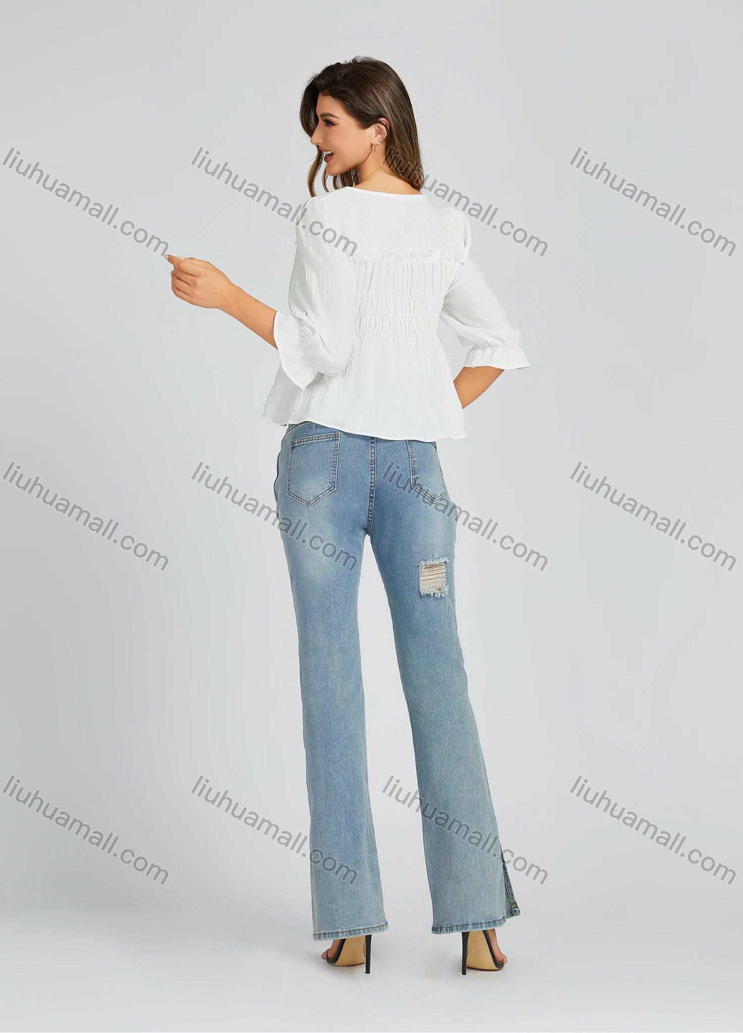 Wholesale Women's Casual Crew Neck Shirred Plain Print Bow Knot Flared Sleeve Blouse 205# - Liuhuamall