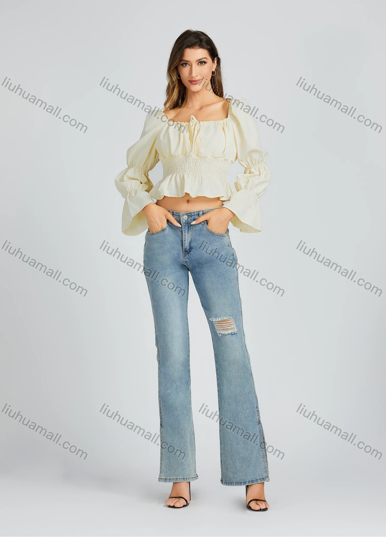Wholesale Women's Casual Plain Print Square Neck Bow Knot Shirred Long Sleeve Crop Blouse 206# - Liuhuamall