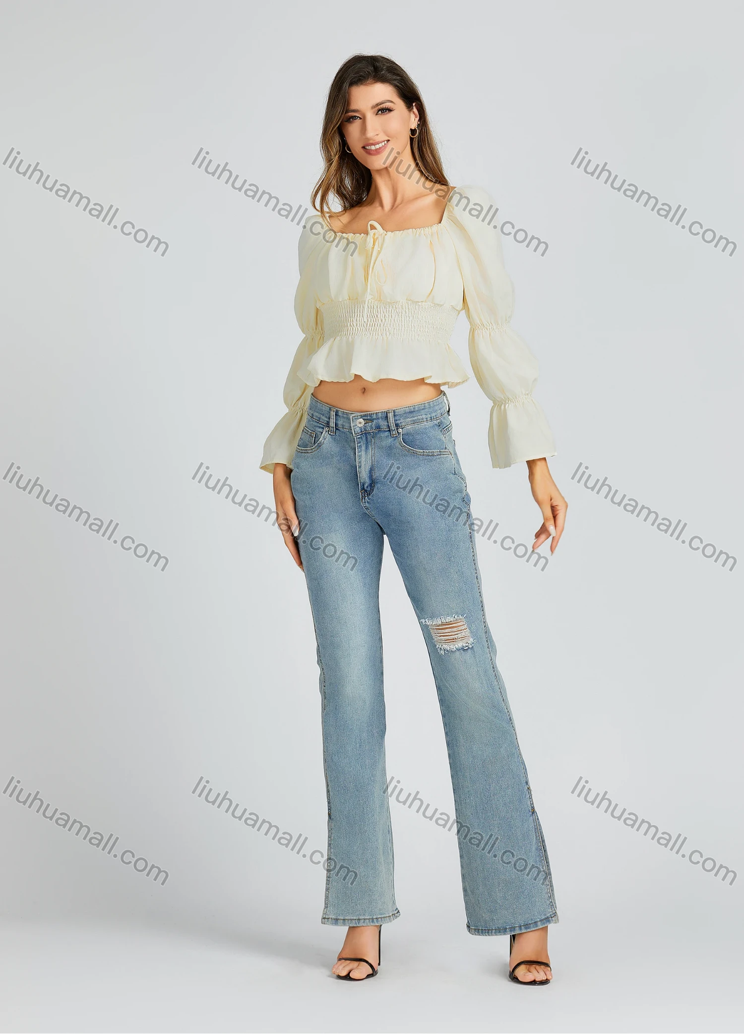Wholesale Women's Casual Plain Print Square Neck Bow Knot Shirred Long Sleeve Crop Blouse 206# - Liuhuamall