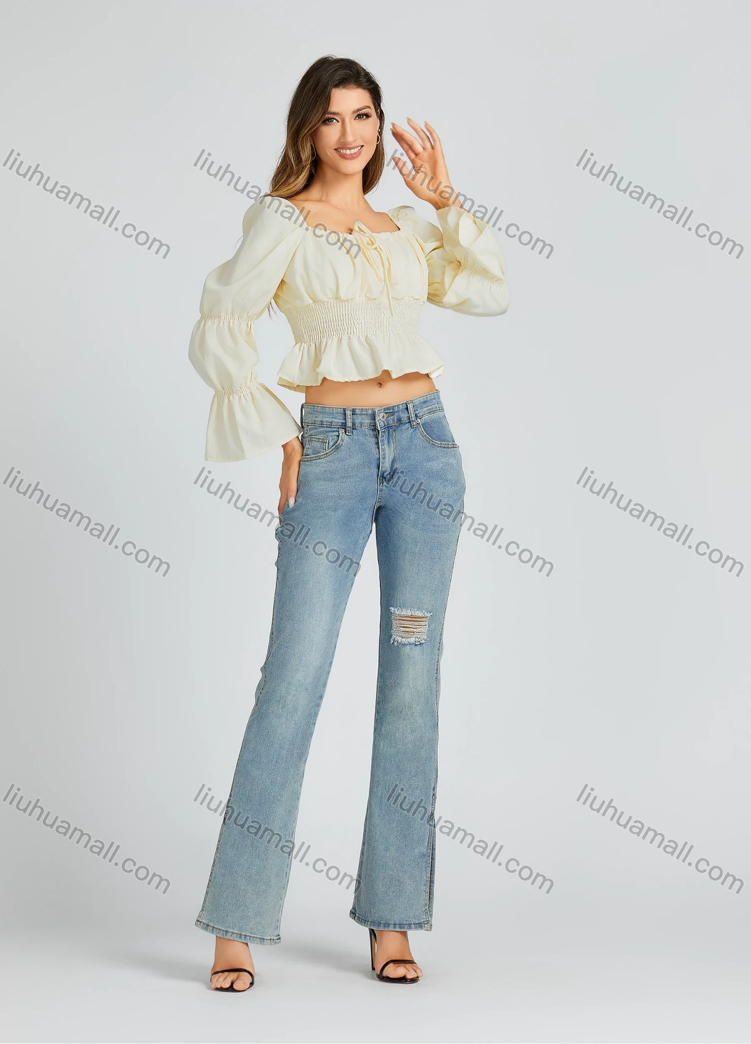 Wholesale Women's Casual Plain Print Square Neck Bow Knot Shirred Long Sleeve Crop Blouse 206# - Liuhuamall