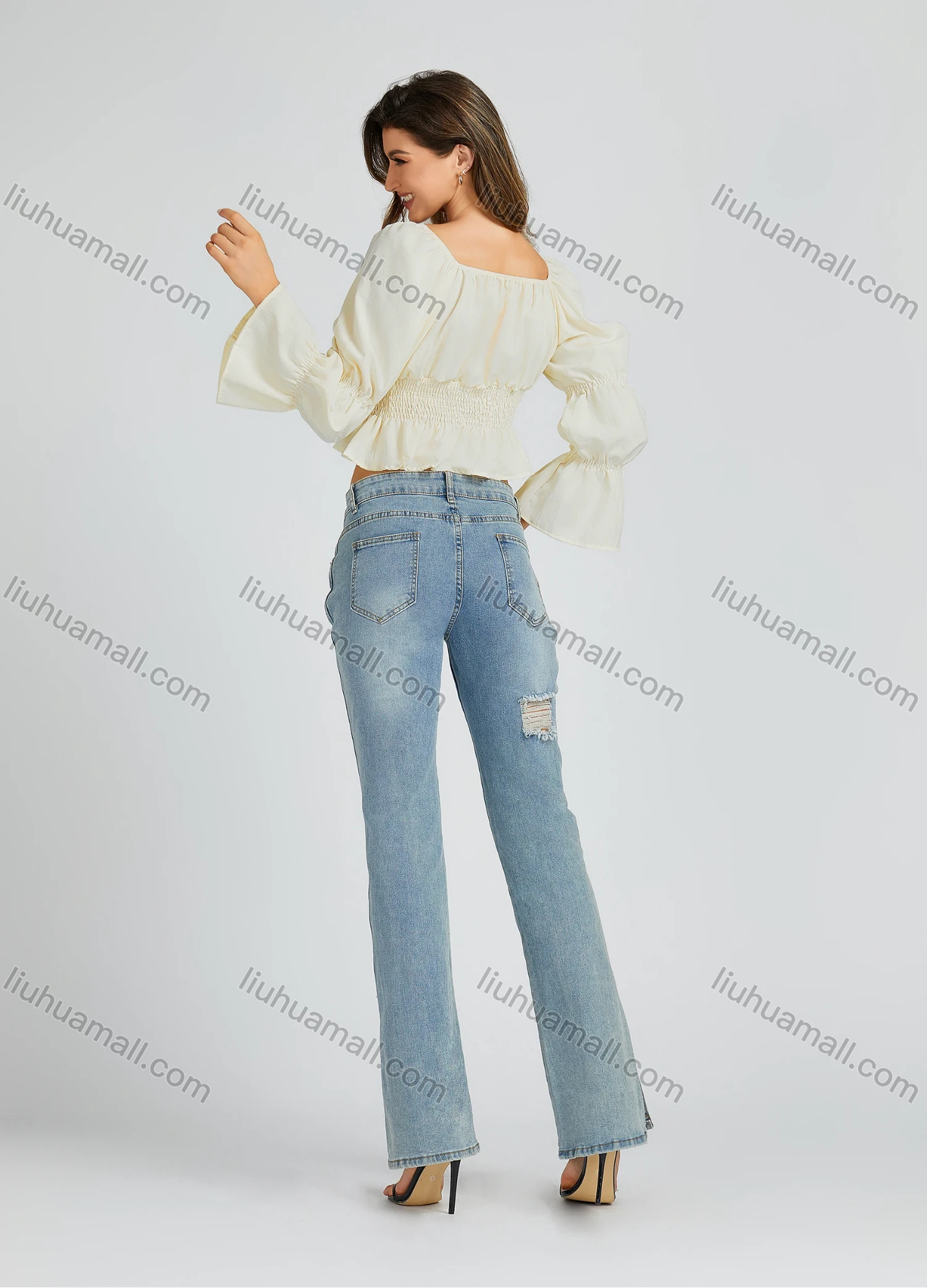 Wholesale Women's Casual Plain Print Square Neck Bow Knot Shirred Long Sleeve Crop Blouse 206# - Liuhuamall