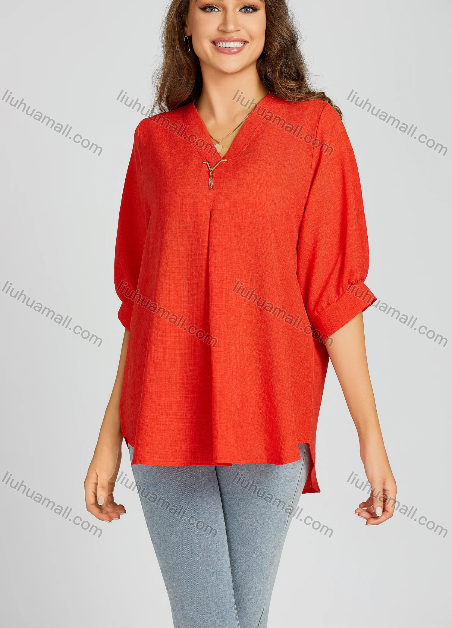 Wholesale Women's Casual Plain Print V Neck Half Sleeve Loose Fit Blouse 207# - Liuhuamall