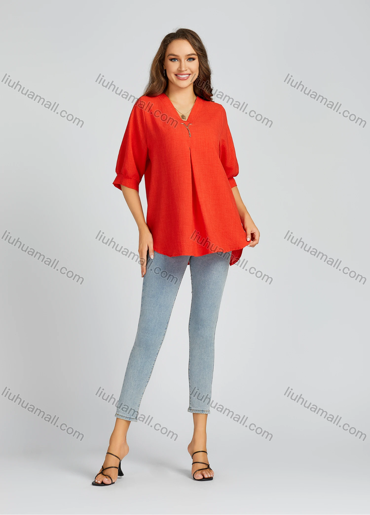 Wholesale Women's Casual Plain Print V Neck Half Sleeve Loose Fit Blouse 207# - Liuhuamall