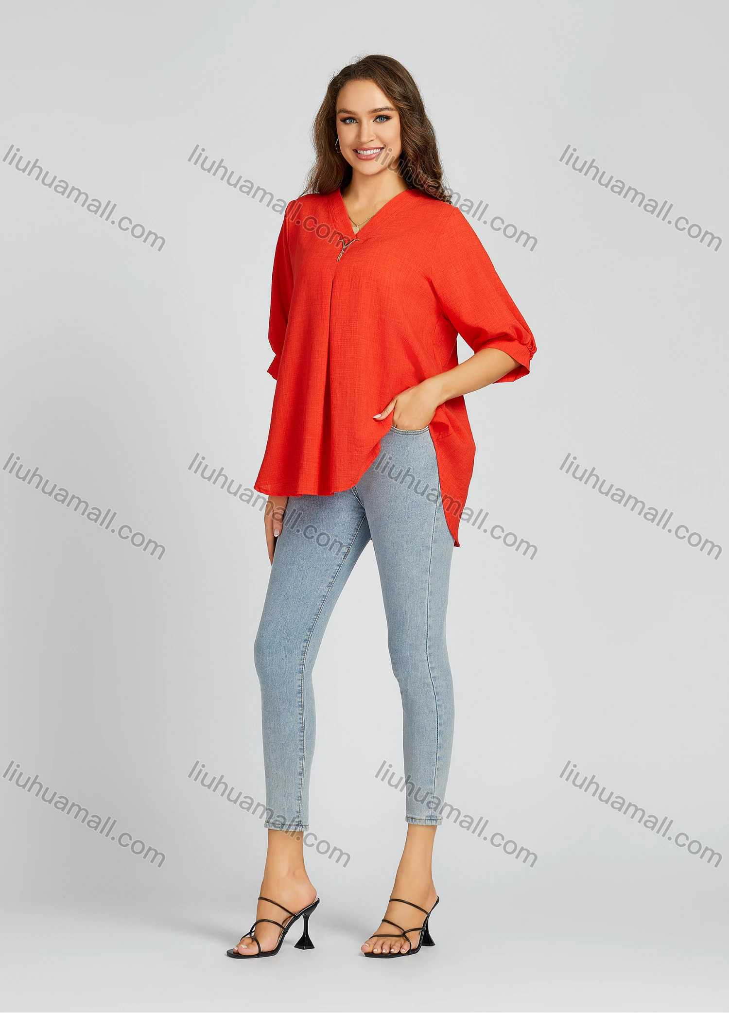 Wholesale Women's Casual Plain Print V Neck Half Sleeve Loose Fit Blouse 207# - Liuhuamall