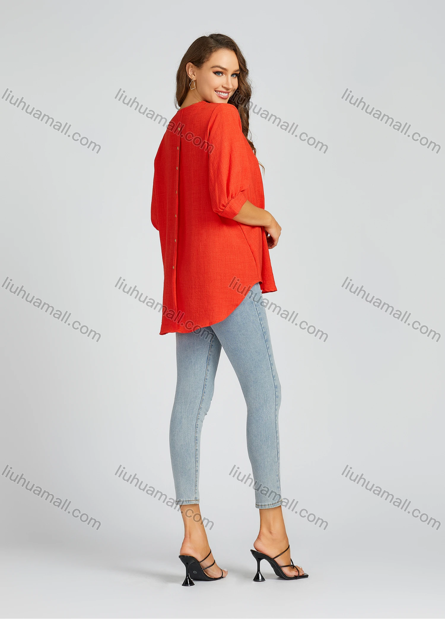 Wholesale Women's Casual Plain Print V Neck Half Sleeve Loose Fit Blouse 207# - Liuhuamall