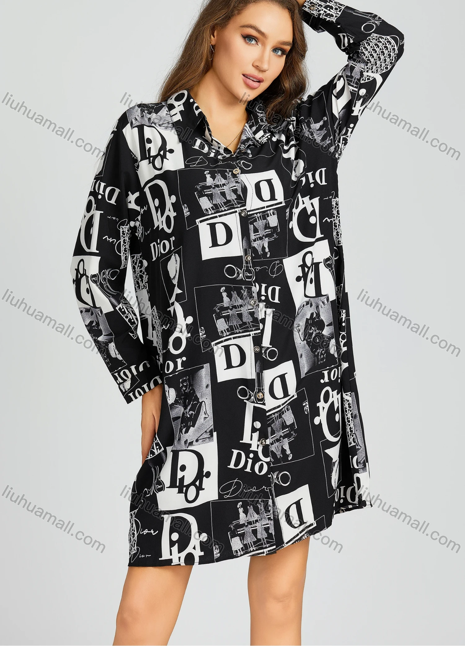 Wholesale Women's Casual Collared Button Closure Long Sleeve Loose Fit Shirt Dress 1303# - Liuhuamall