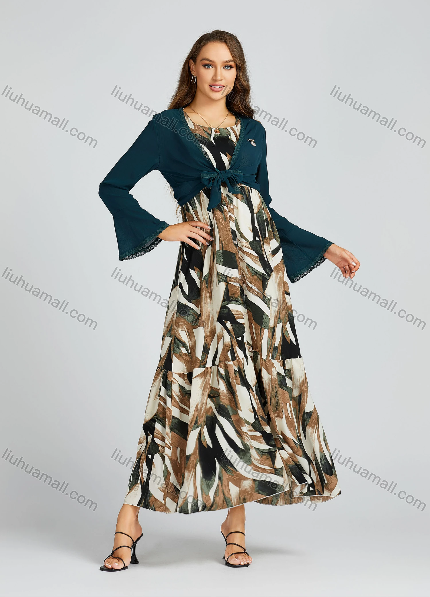 Wholesale Women's Casual Allover Print Ruffle Hem Button Front Maxi Dress & Cardigan 2 Piece Set M0285# - Liuhuamall