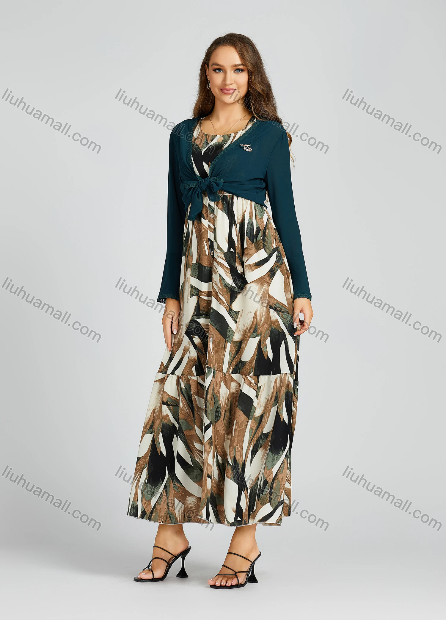 Wholesale Women's Casual Allover Print Ruffle Hem Button Front Maxi Dress & Cardigan 2 Piece Set M0285# - Liuhuamall