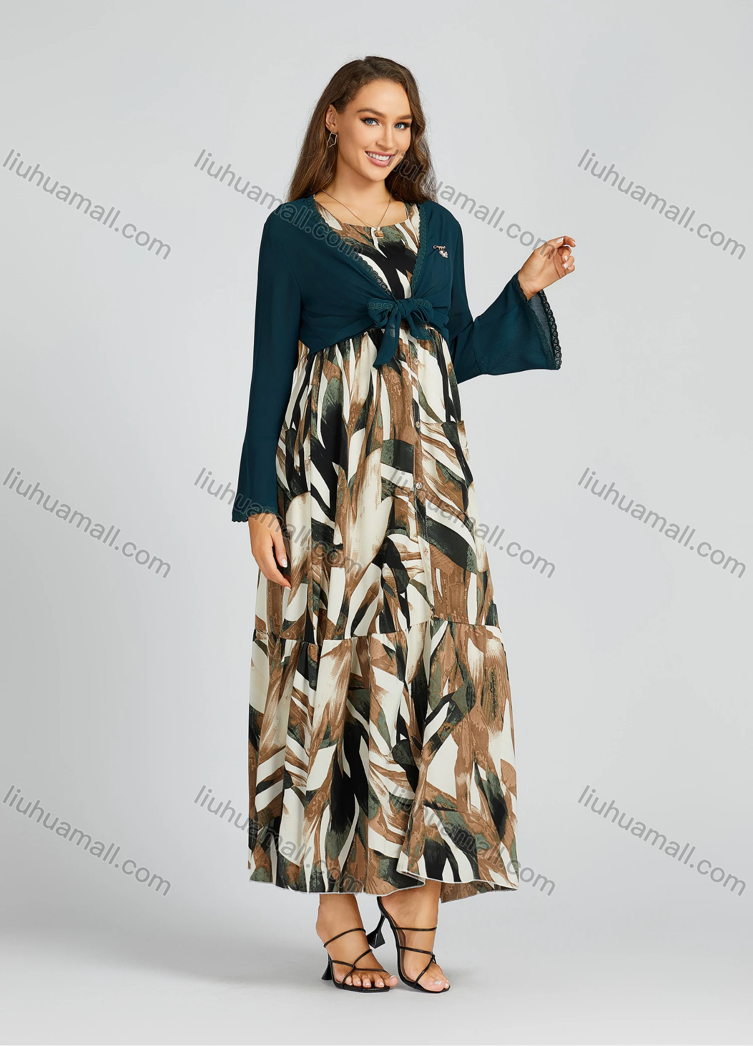 Wholesale Women's Casual Allover Print Ruffle Hem Button Front Maxi Dress & Cardigan 2 Piece Set M0285# - Liuhuamall