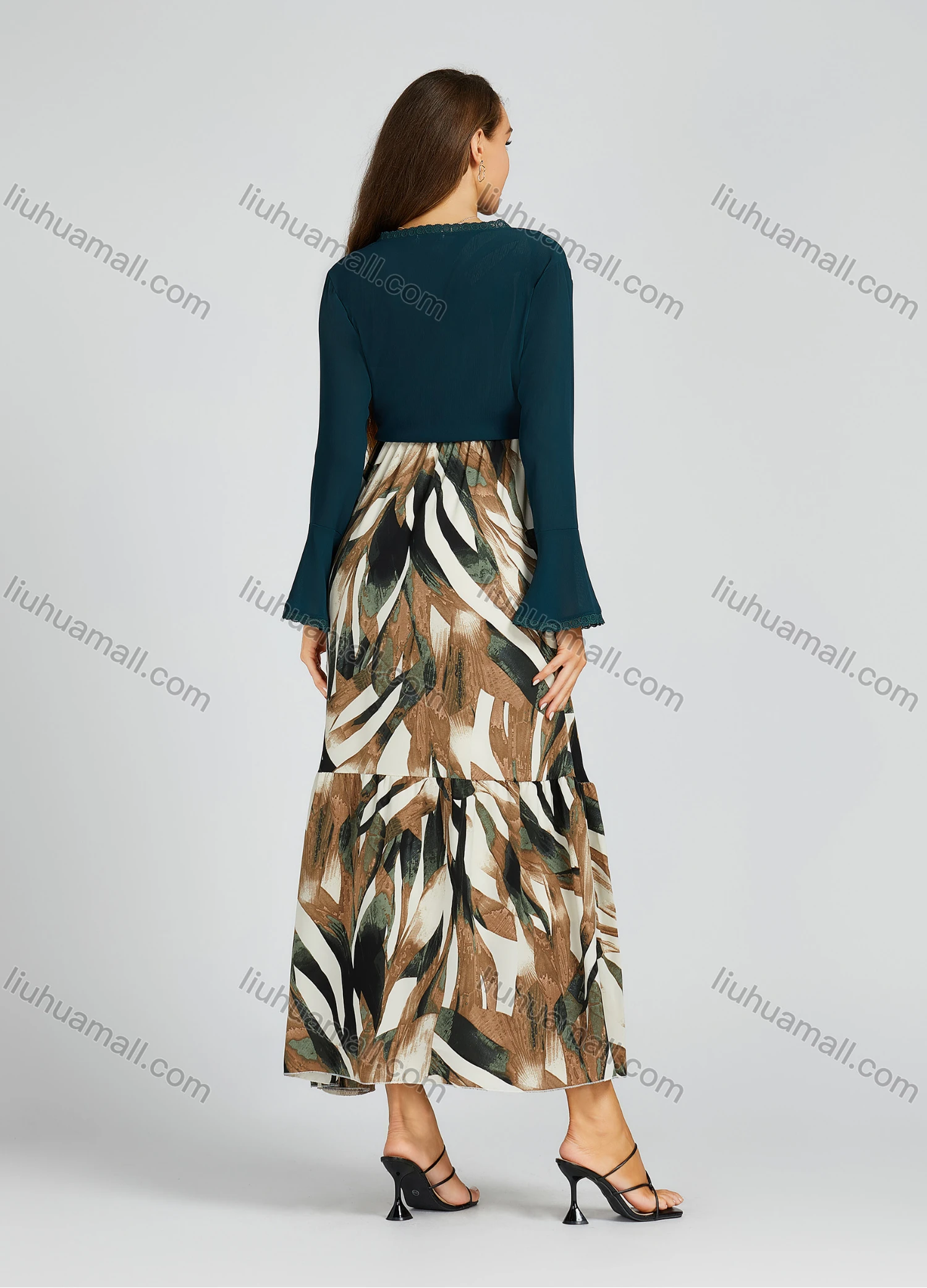 Wholesale Women's Casual Allover Print Ruffle Hem Button Front Maxi Dress & Cardigan 2 Piece Set M0285# - Liuhuamall