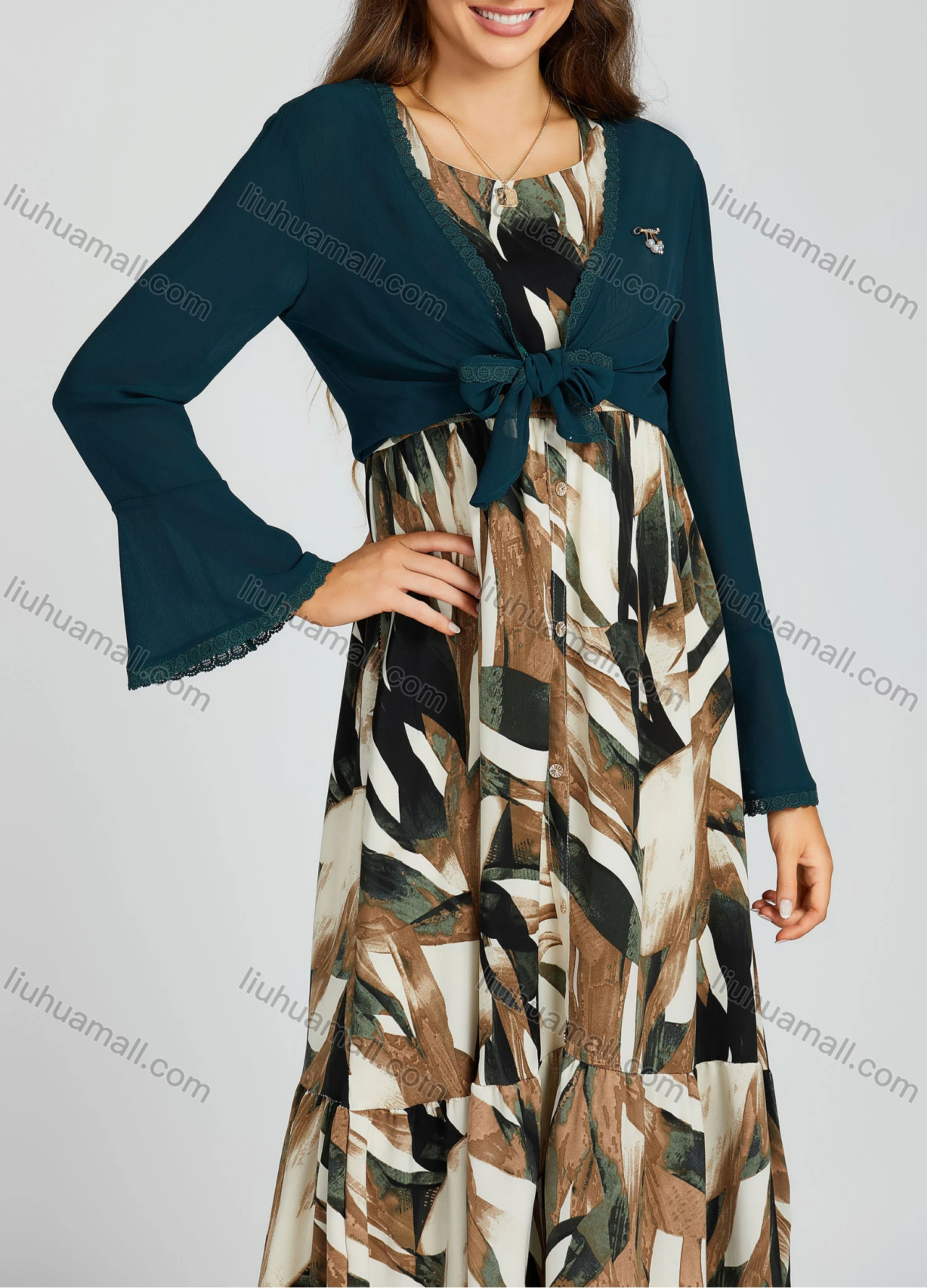 Wholesale Women's Casual Allover Print Ruffle Hem Button Front Maxi Dress & Cardigan 2 Piece Set M0285# - Liuhuamall