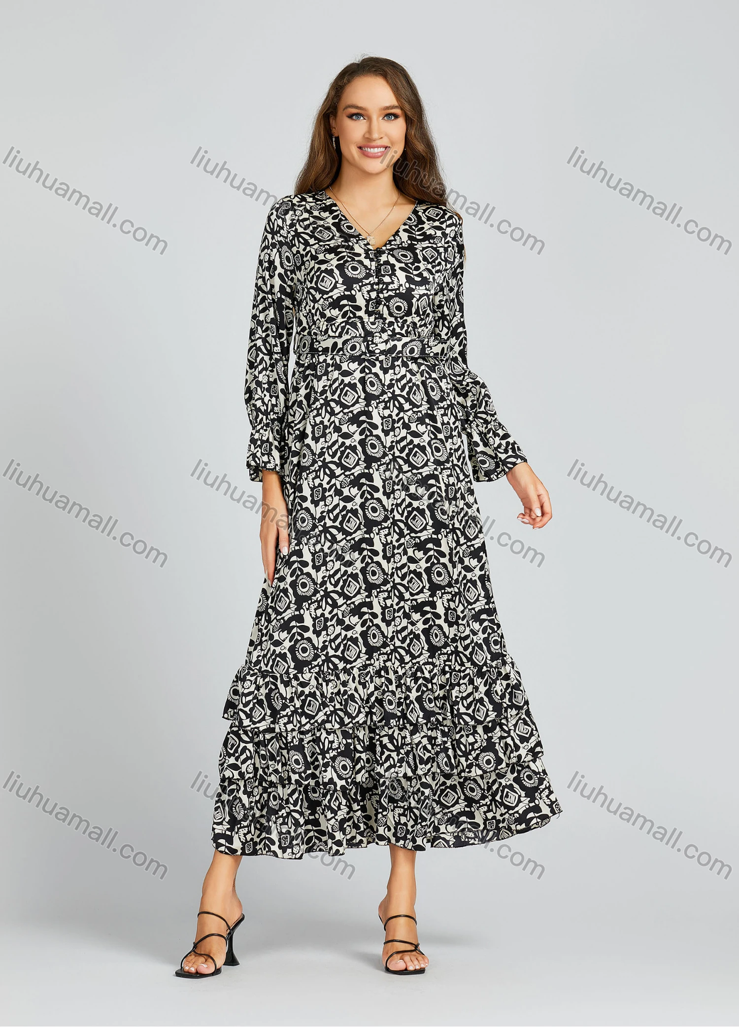 Wholesale Women's Casual Allover Print Ruffle Hem Pearl Decor Poet Sleeve Maxi Dress With Belt M0211# - Liuhuamall