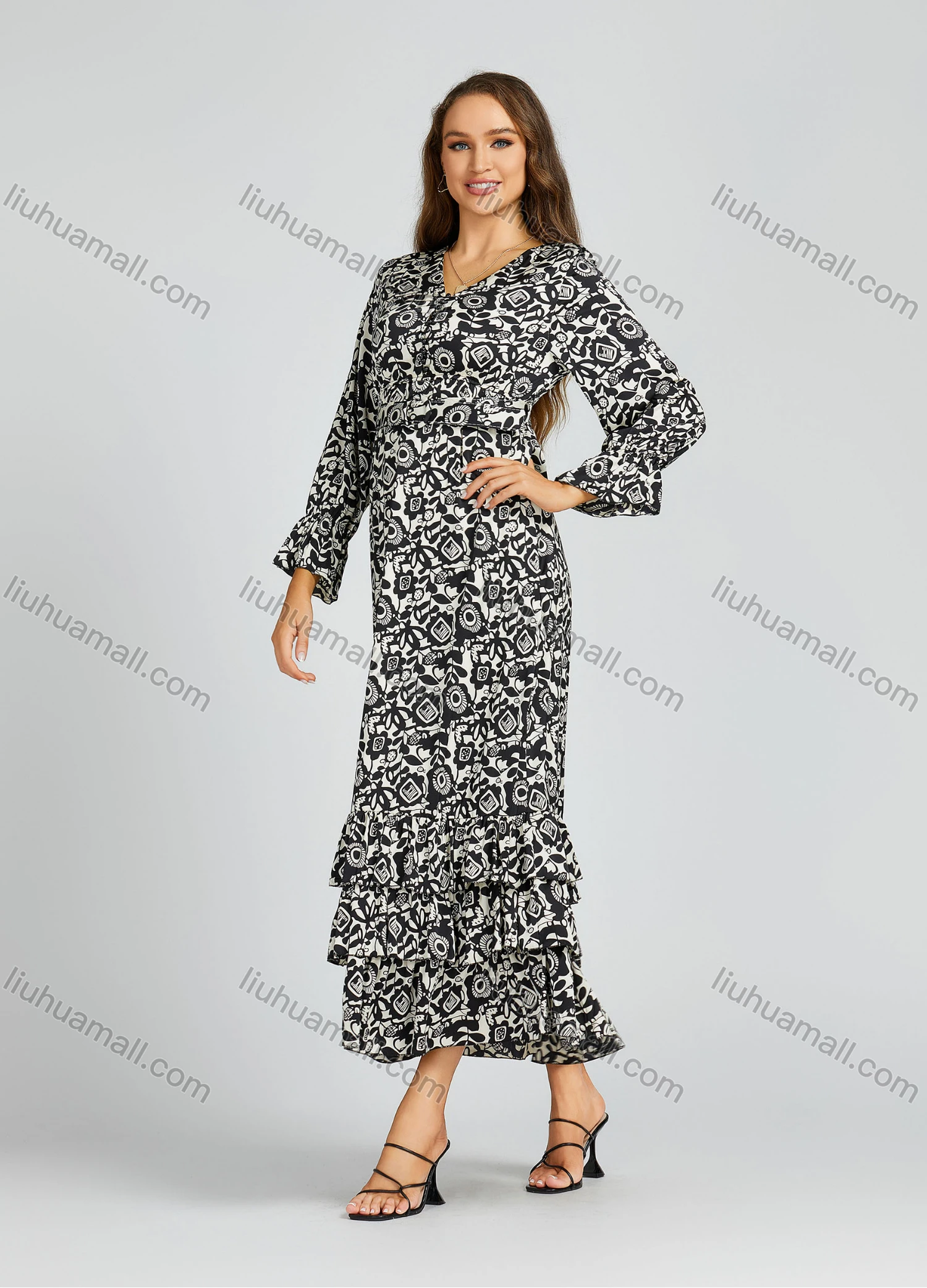 Wholesale Women's Casual Allover Print Ruffle Hem Pearl Decor Poet Sleeve Maxi Dress With Belt M0211# - Liuhuamall