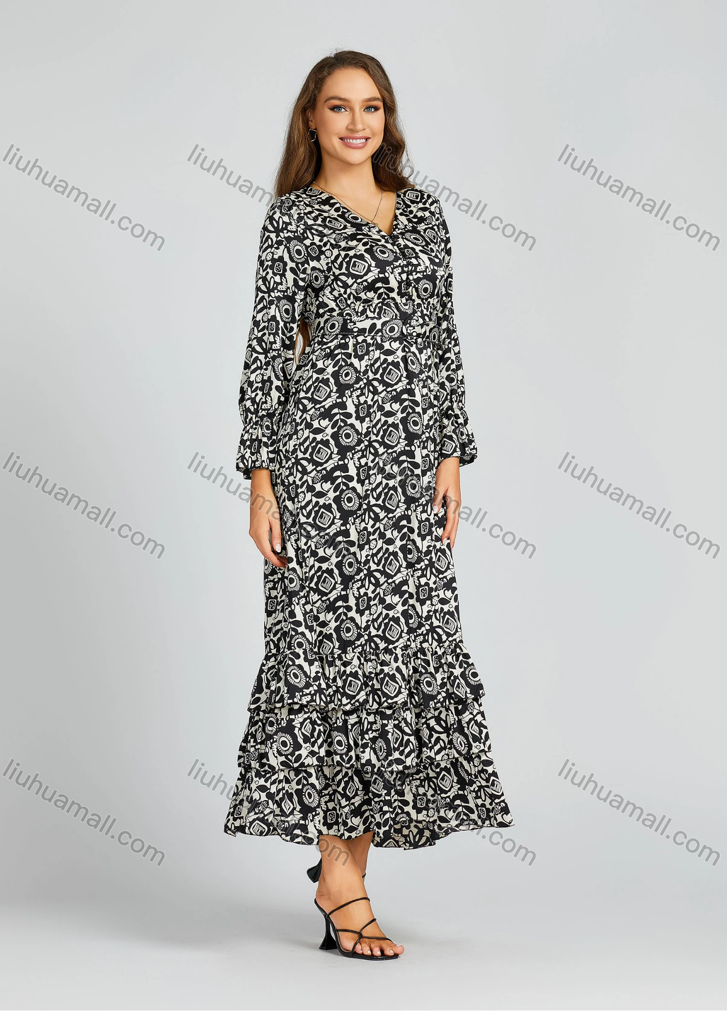 Wholesale Women's Casual Allover Print Ruffle Hem Pearl Decor Poet Sleeve Maxi Dress With Belt M0211# - Liuhuamall