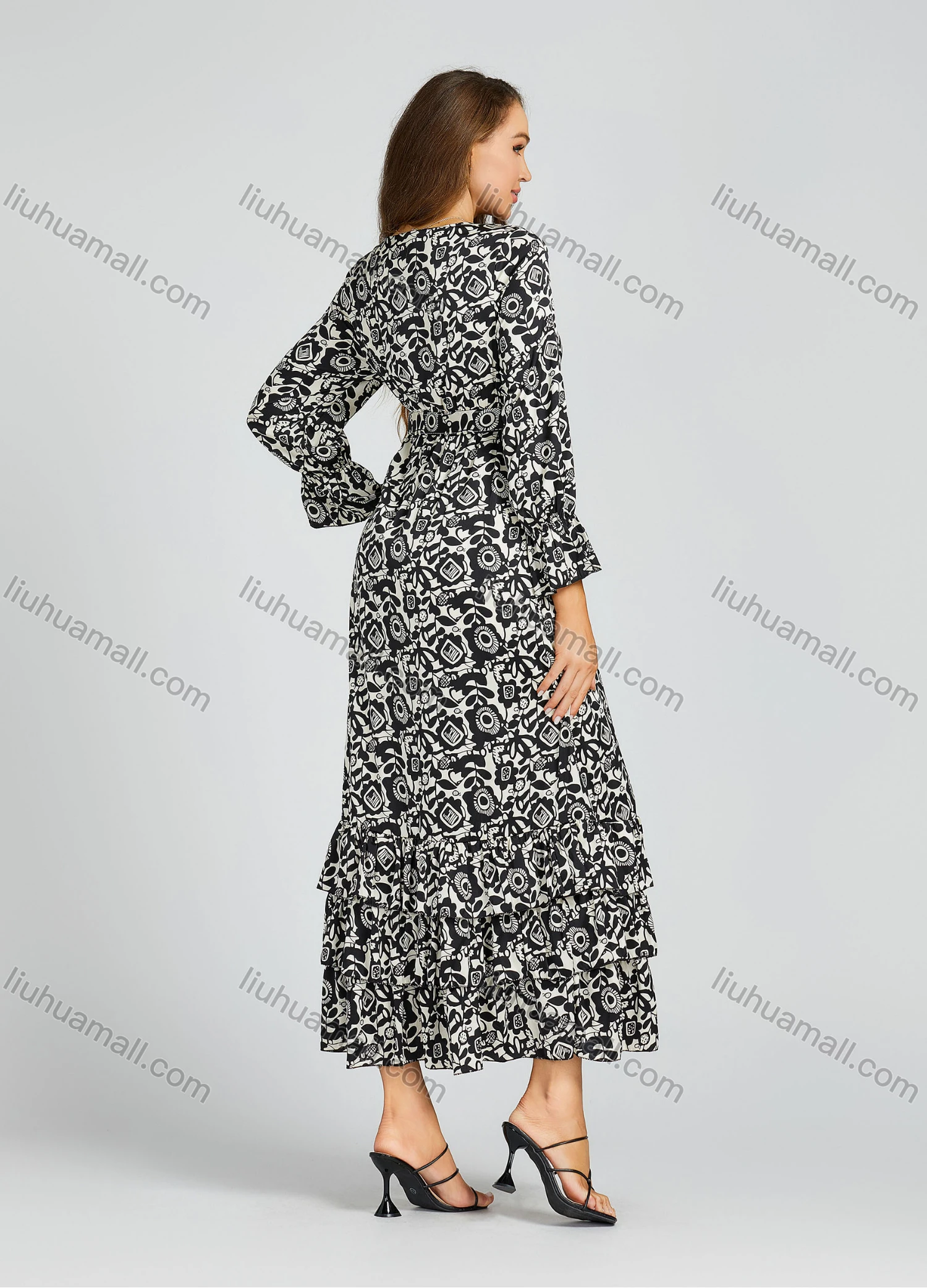 Wholesale Women's Casual Allover Print Ruffle Hem Pearl Decor Poet Sleeve Maxi Dress With Belt M0211# - Liuhuamall