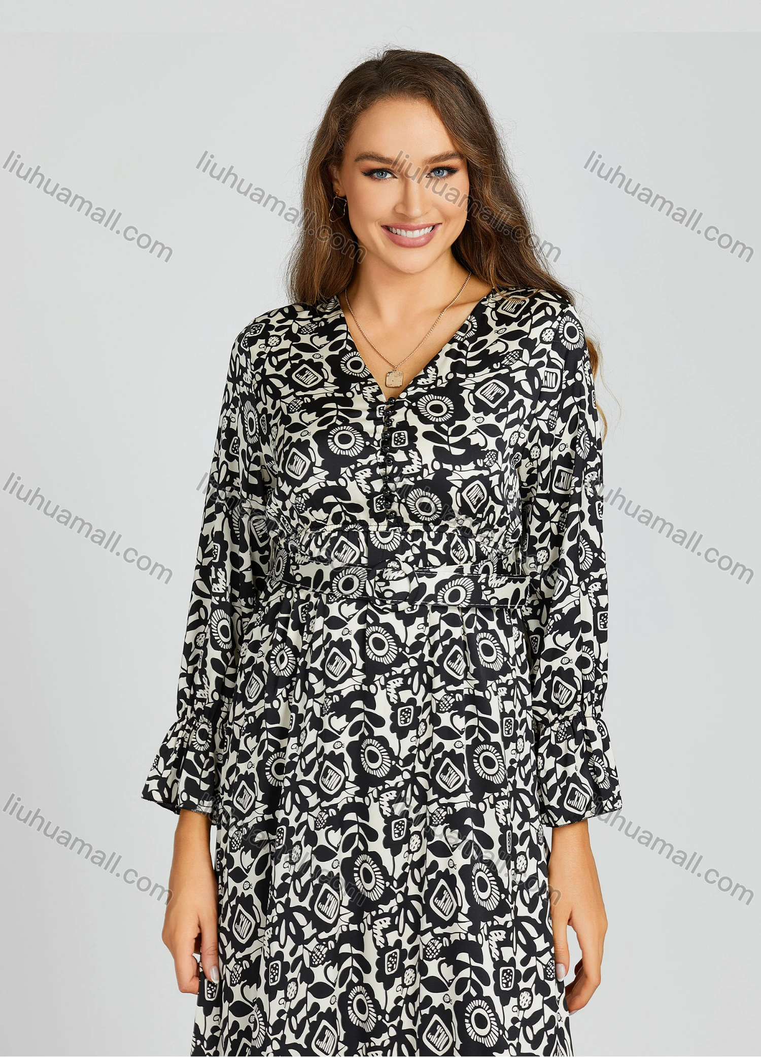 Wholesale Women's Casual Allover Print Ruffle Hem Pearl Decor Poet Sleeve Maxi Dress With Belt M0211# - Liuhuamall