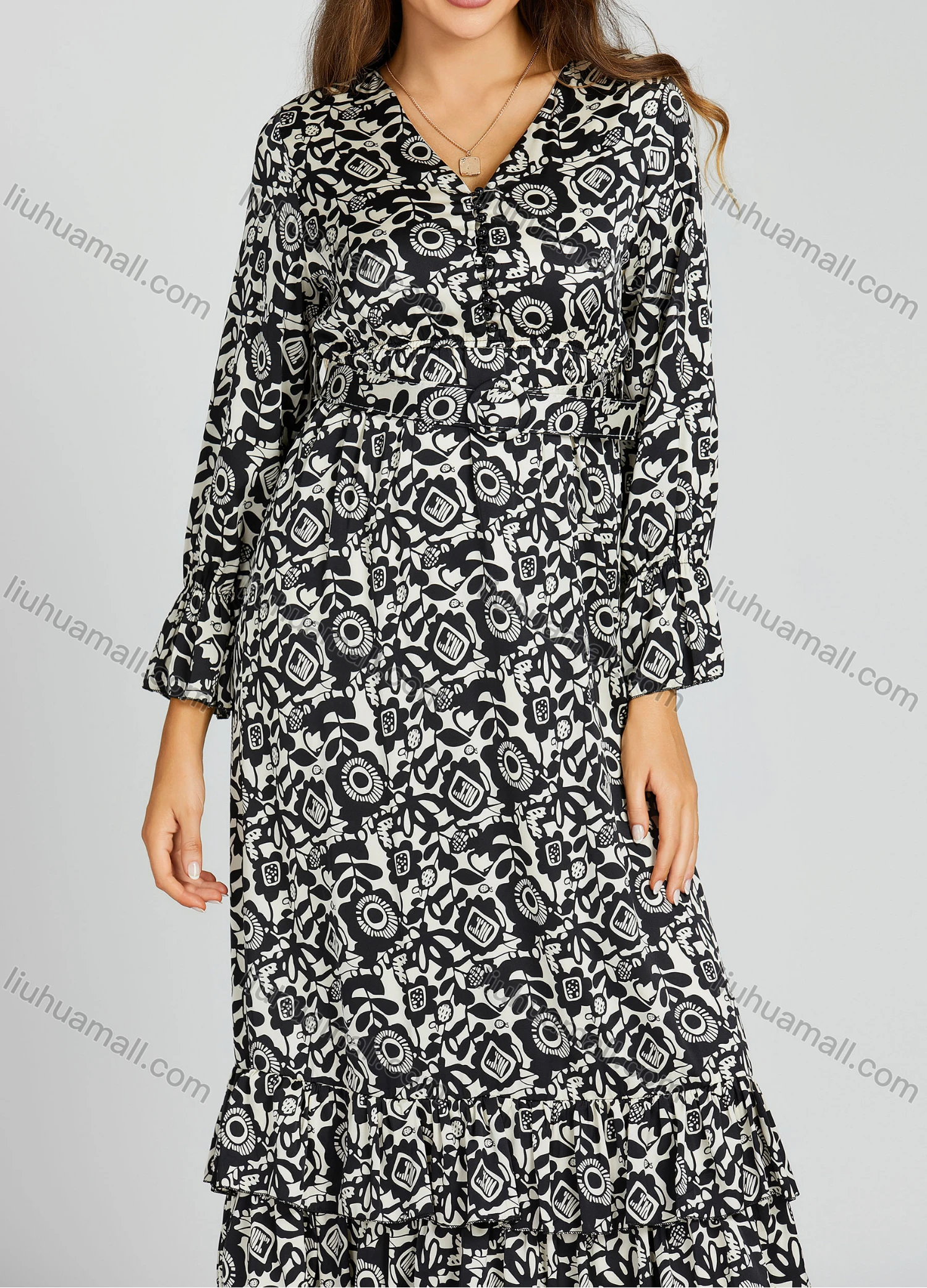 Wholesale Women's Casual Allover Print Ruffle Hem Pearl Decor Poet Sleeve Maxi Dress With Belt M0211# - Liuhuamall