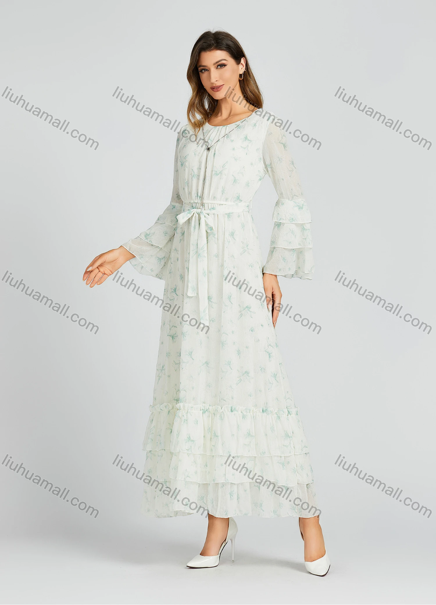 Wholesale Women's Casual Allover Floral Print Ruched Ruffle Hem Ruffle Sleeve Maxi Dress With Belt M0229# - Liuhuamall