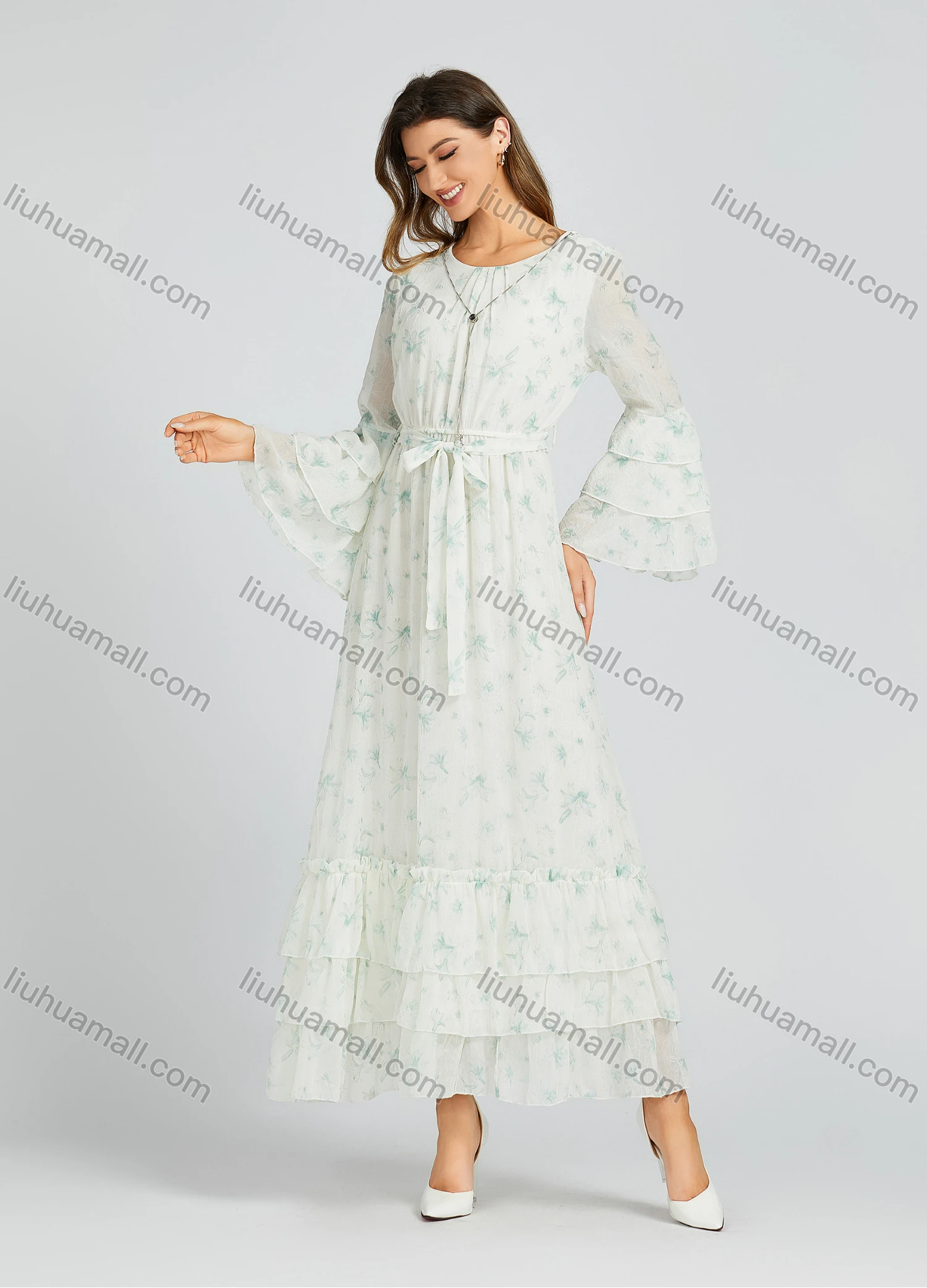 Wholesale Women's Casual Allover Floral Print Ruched Ruffle Hem Ruffle Sleeve Maxi Dress With Belt M0229# - Liuhuamall