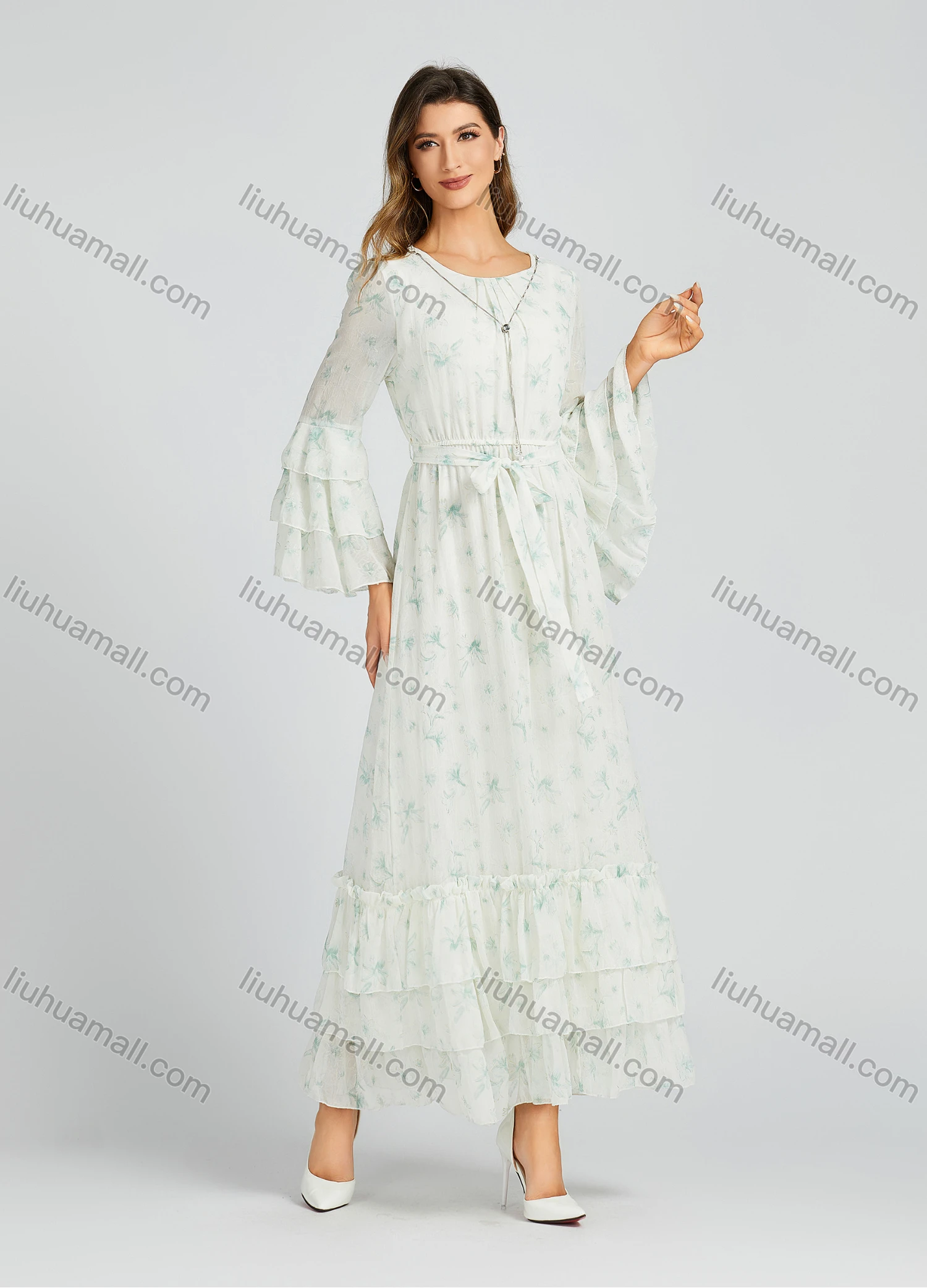 Wholesale Women's Casual Allover Floral Print Ruched Ruffle Hem Ruffle Sleeve Maxi Dress With Belt M0229# - Liuhuamall