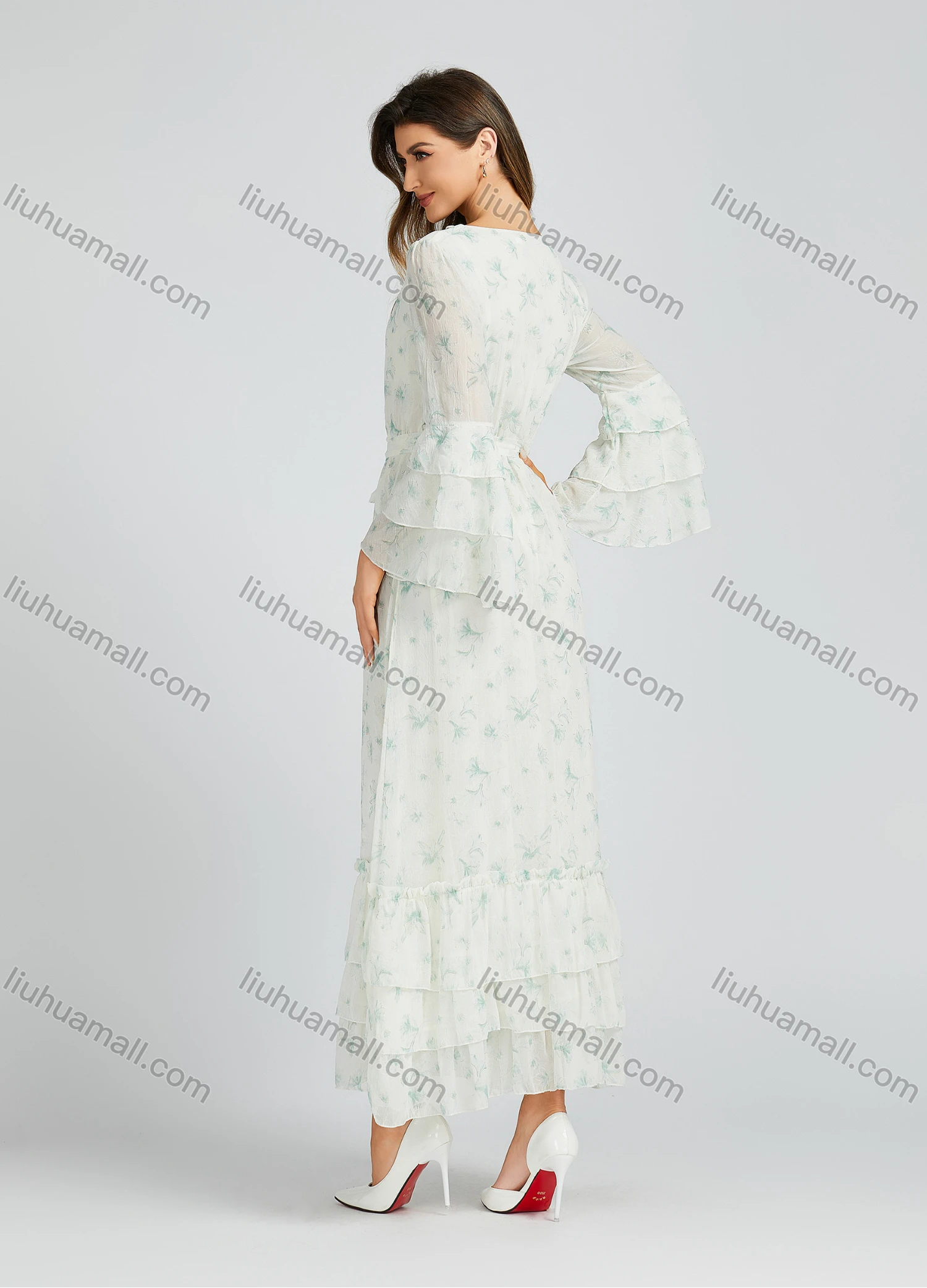 Wholesale Women's Casual Allover Floral Print Ruched Ruffle Hem Ruffle Sleeve Maxi Dress With Belt M0229# - Liuhuamall