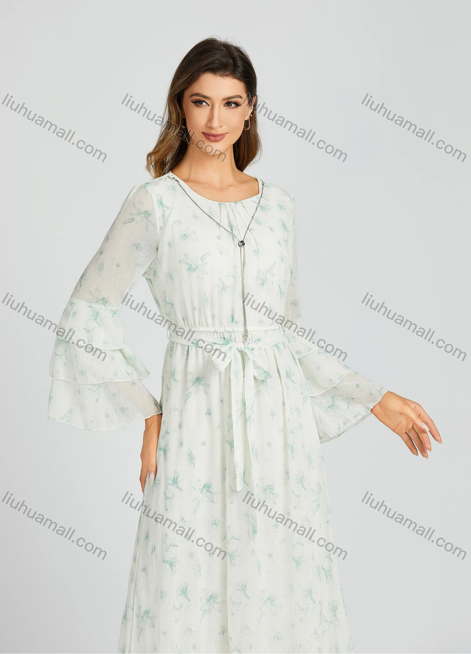 Wholesale Women's Casual Allover Floral Print Ruched Ruffle Hem Ruffle Sleeve Maxi Dress With Belt M0229# - Liuhuamall