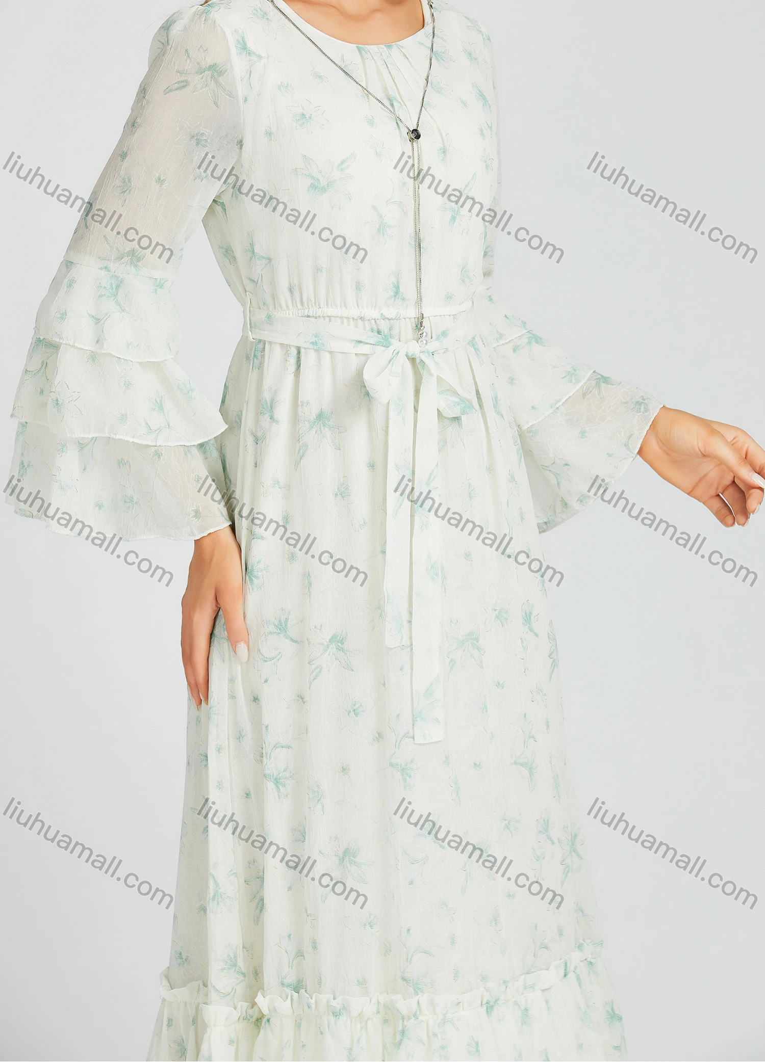 Wholesale Women's Casual Allover Floral Print Ruched Ruffle Hem Ruffle Sleeve Maxi Dress With Belt M0229# - Liuhuamall