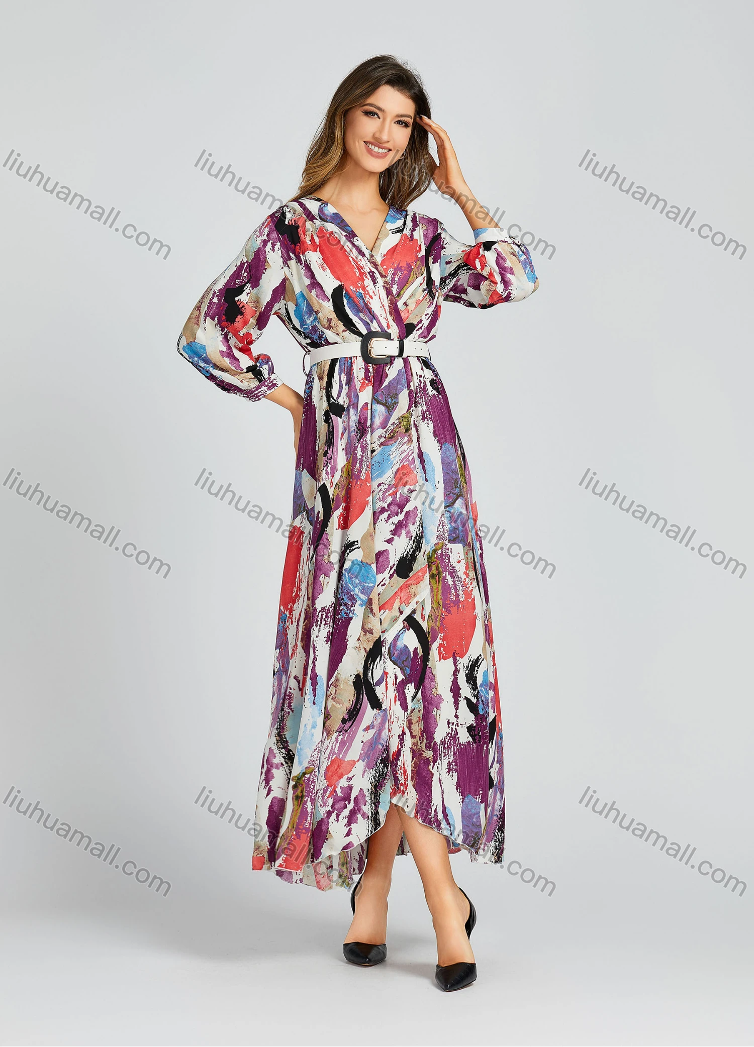 Wholesale Women's Casual Allover Water-colour Print Wrap Long Sleeve Maxi Dress With Belt M0281# - Liuhuamall