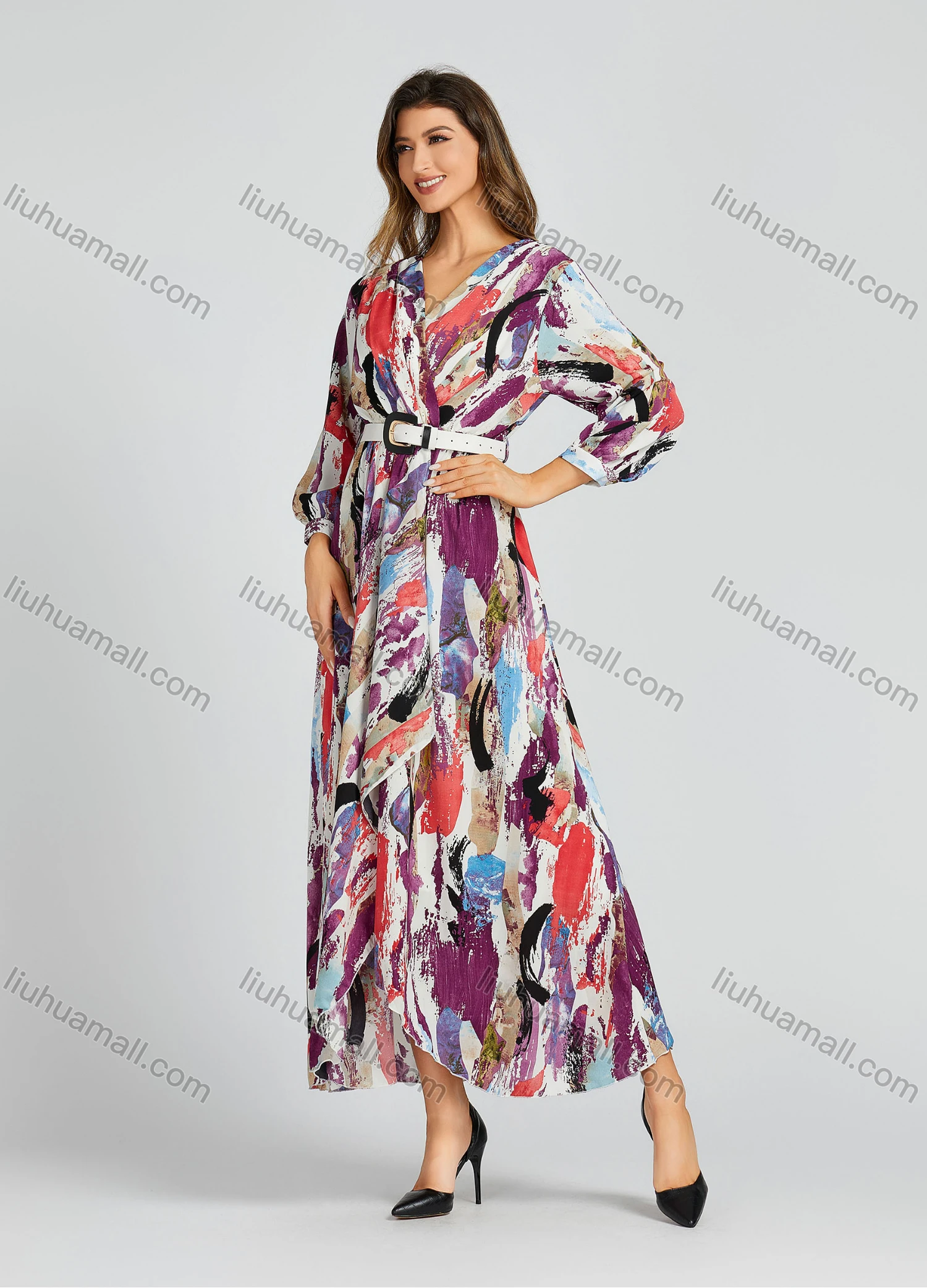 Wholesale Women's Casual Allover Water-colour Print Wrap Long Sleeve Maxi Dress With Belt M0281# - Liuhuamall